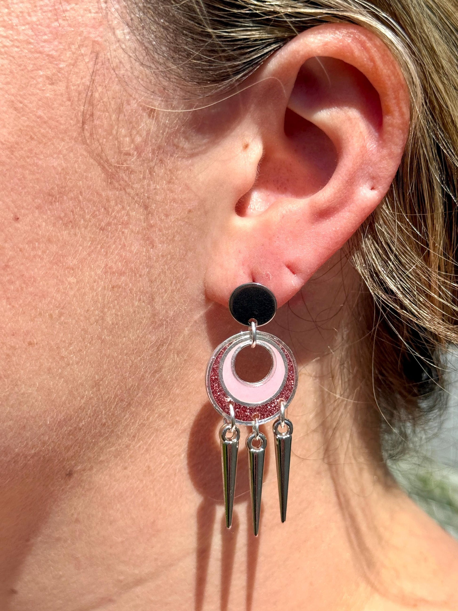 Pink Glitter Resin Spike Earrings: Silver Punk Dangle Earrings