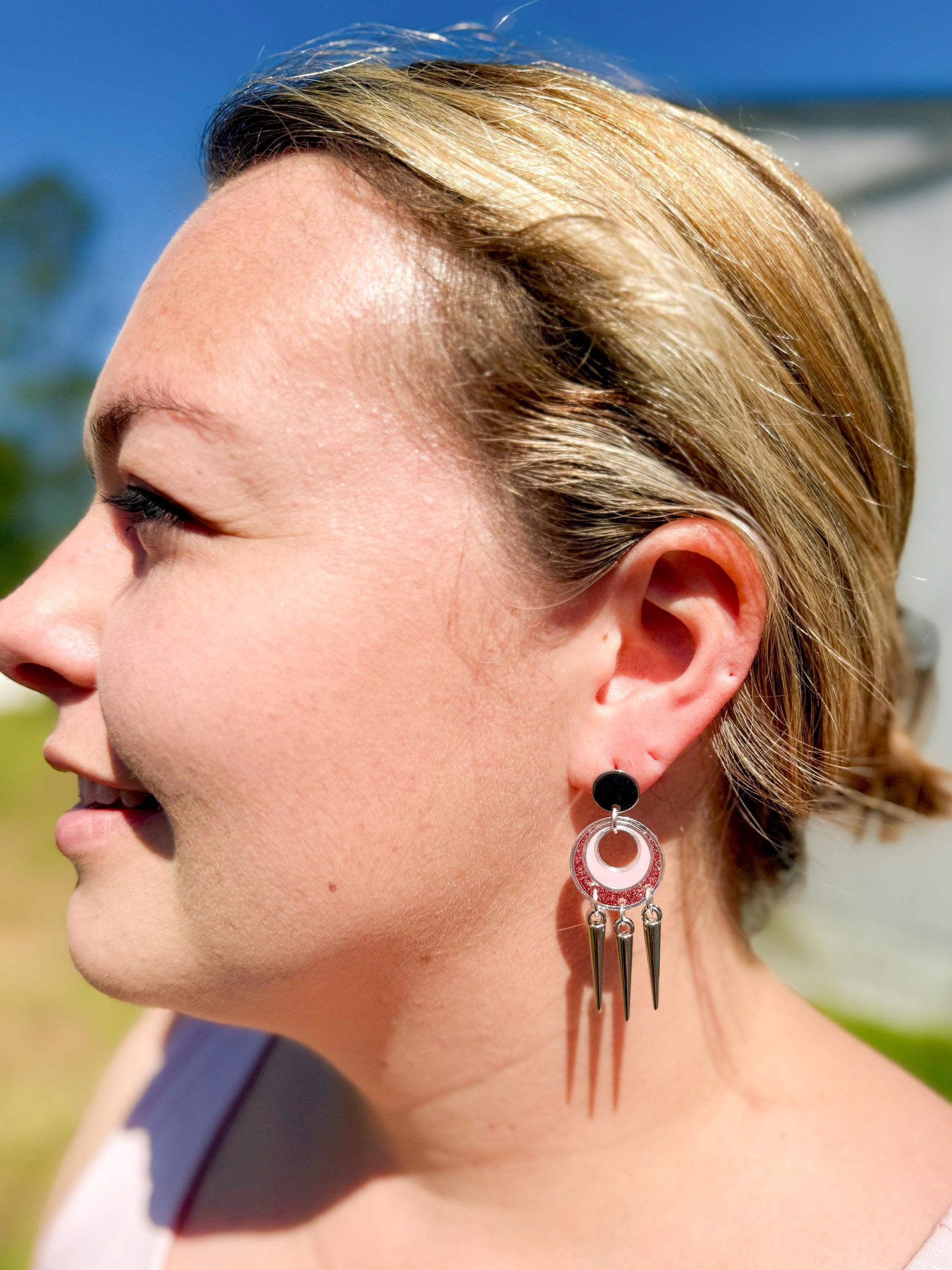 Pink Glitter Resin Spike Earrings: Silver Punk Dangle Earrings