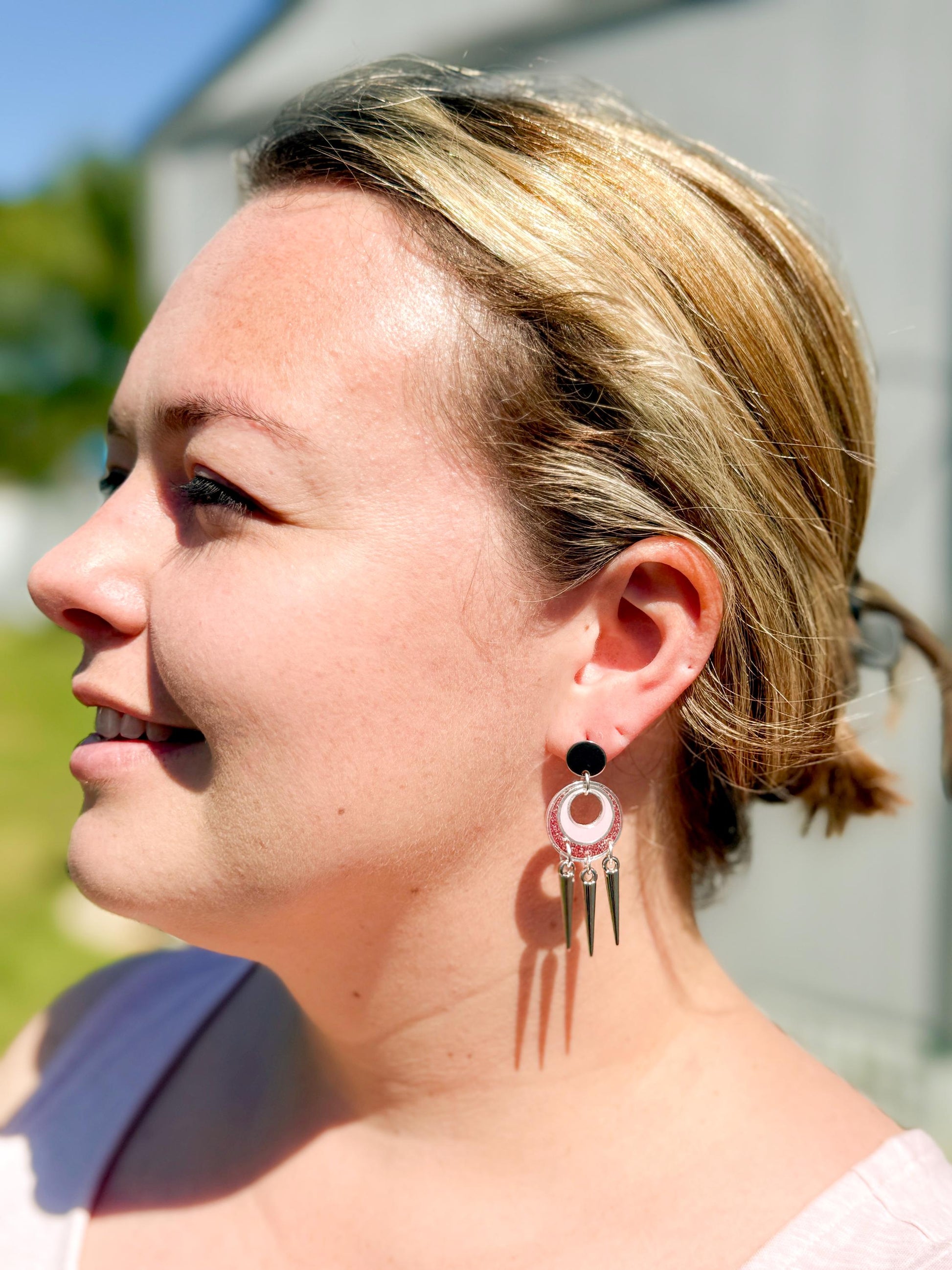 Pink Glitter Resin Spike Earrings: Silver Punk Dangle Earrings