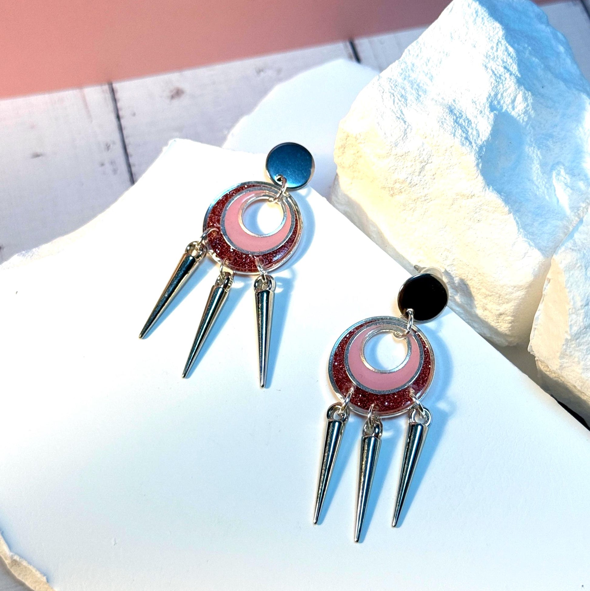 Pink Glitter Resin Spike Earrings: Silver Punk Dangle Earrings