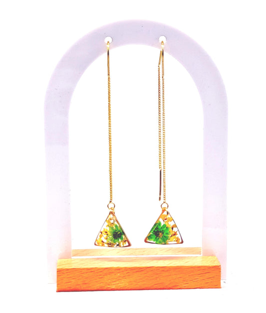 Handcrafted Resin Triangle Earrings – Green Floral Accents with Gold Threader