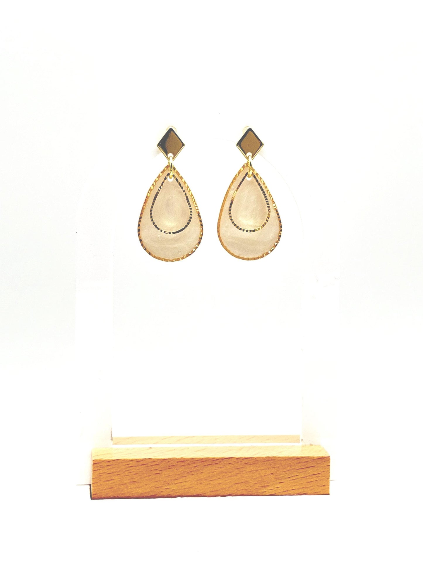 Gold Teardrop Pearl Resin Earrings: Handmade Bridal Dangle Jewelry