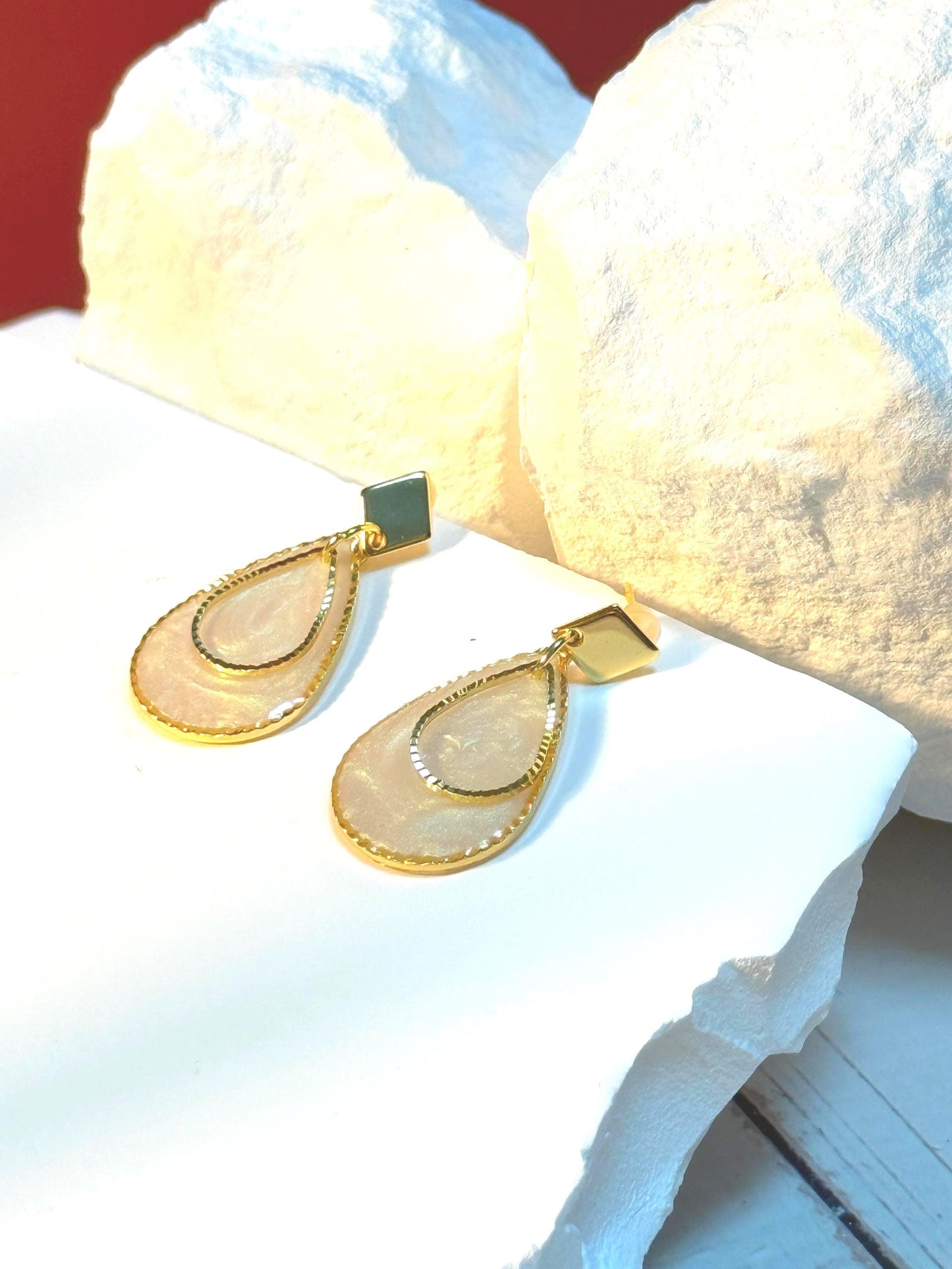 Gold Teardrop Pearl Resin Earrings: Handmade Bridal Dangle Jewelry