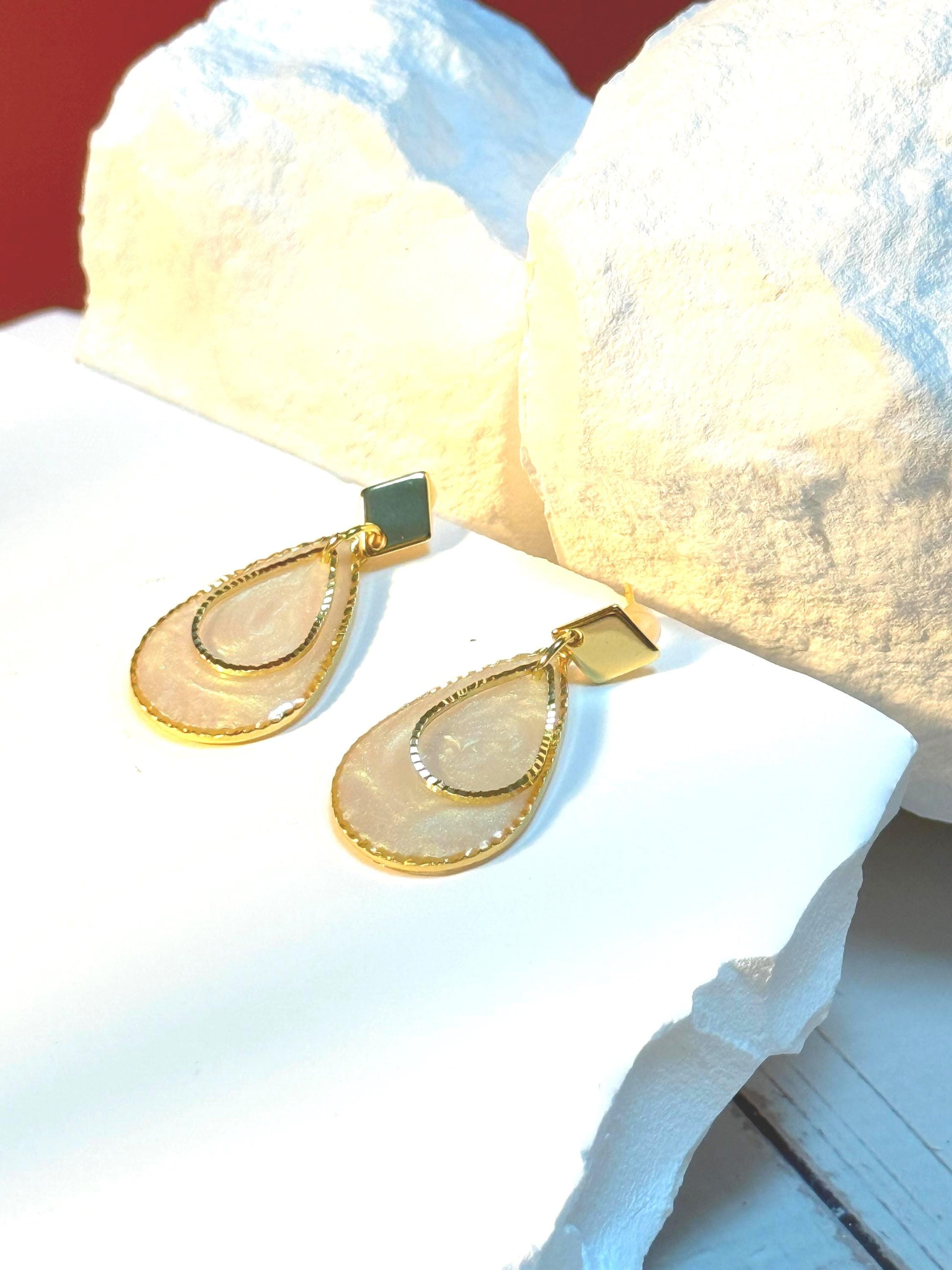 Gold Teardrop Pearl Resin Earrings: Handmade Bridal Dangle Jewelry