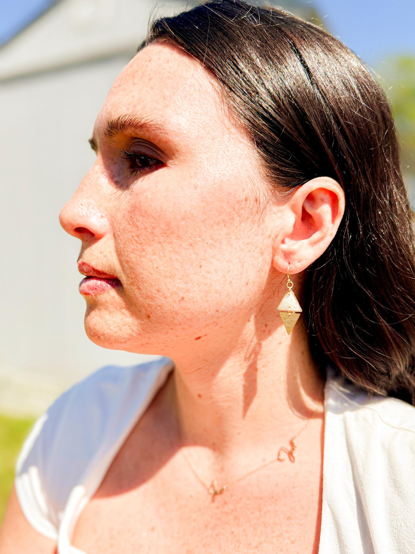 Geometric Dangle Earrings: Pearlescent Resin & Gold Triangle Earrings