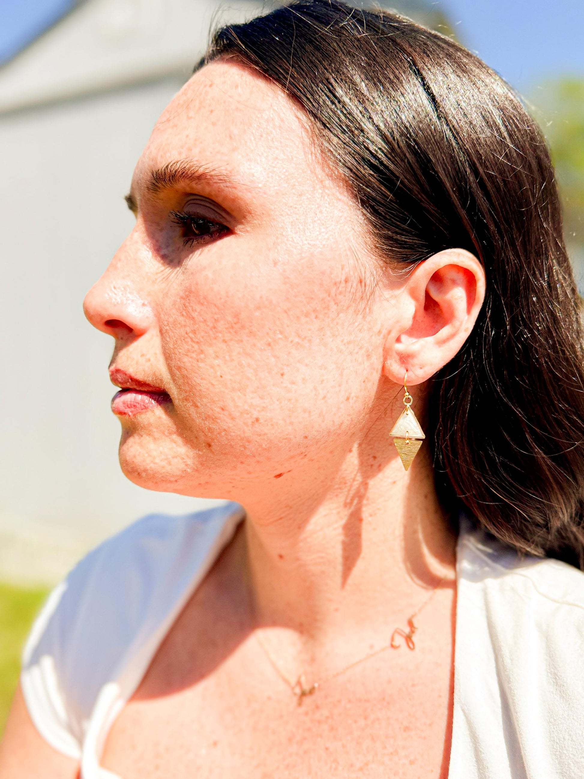Geometric Dangle Earrings: Pearlescent Resin & Gold Triangle Earrings