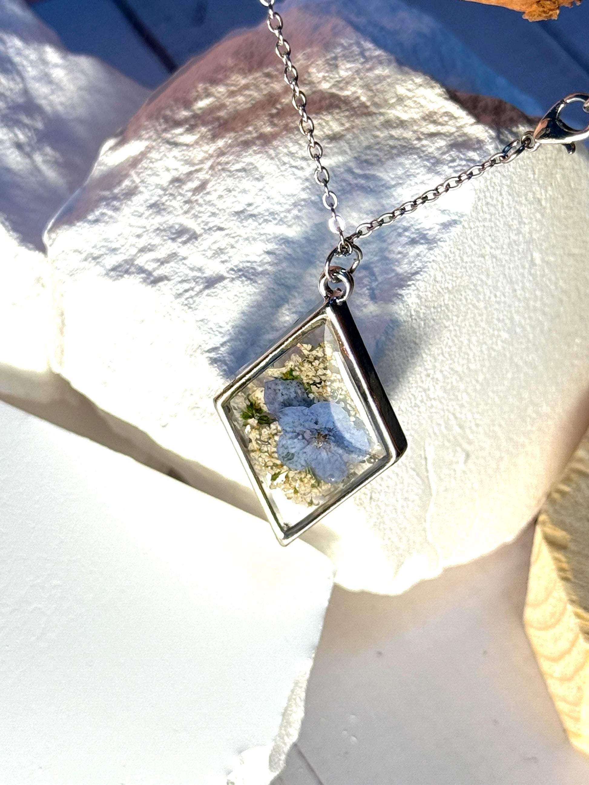 Forget Me Not Necklace: Real Pressed Flower Resin Pendant, Botanical Gift