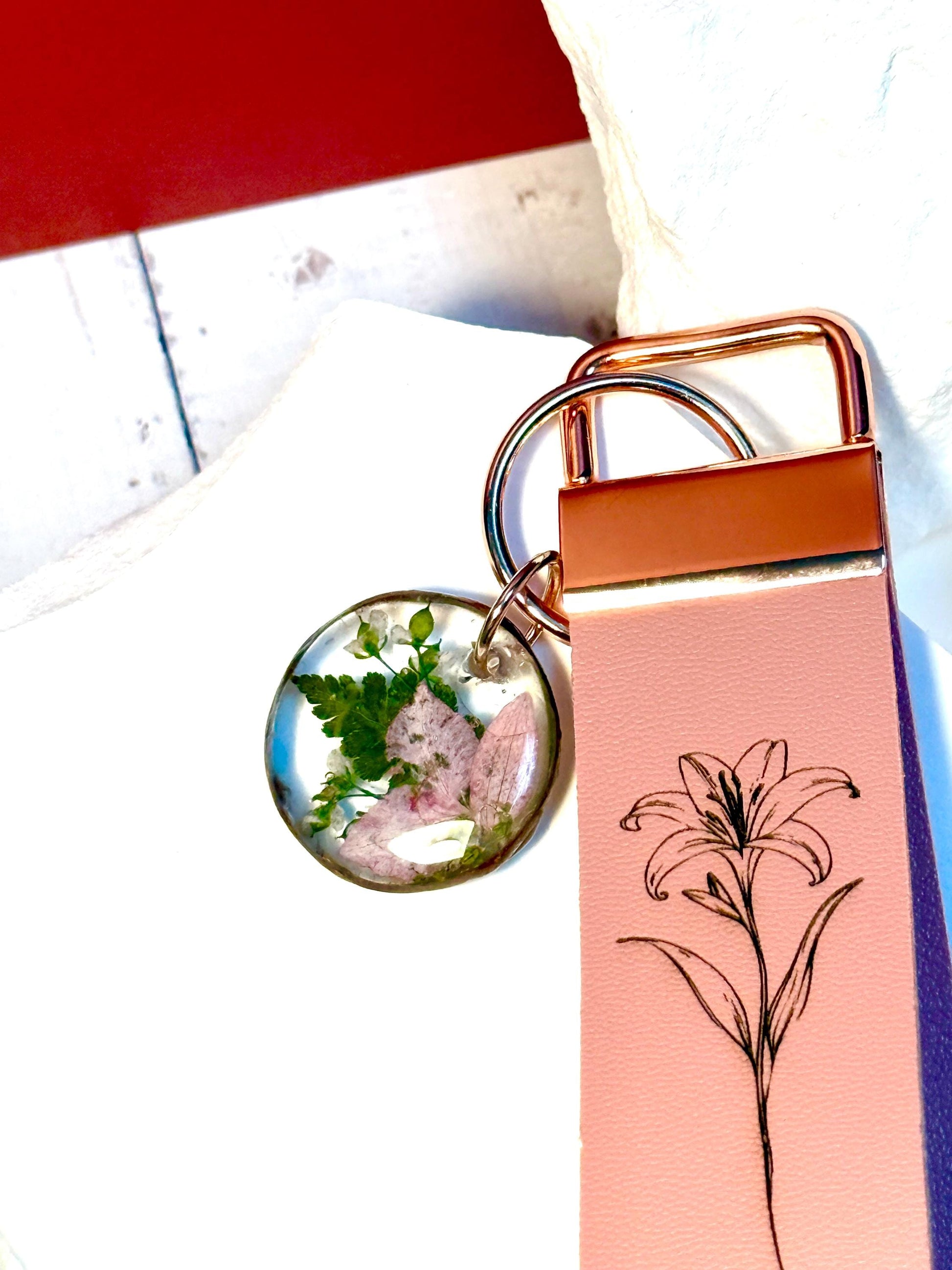 Personalized Birth-Flower Wristlet, Faux Leather Keychain, Birthdate Engraved Strap | Custom Resin Flower Charm Gift