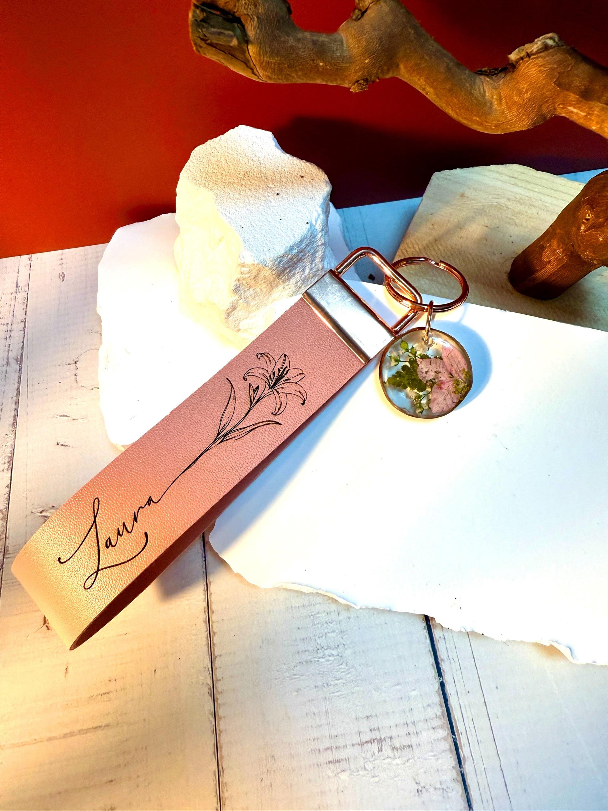 Personalized Birth-Flower Wristlet, Faux Leather Keychain, Birthdate Engraved Strap | Custom Resin Flower Charm Gift