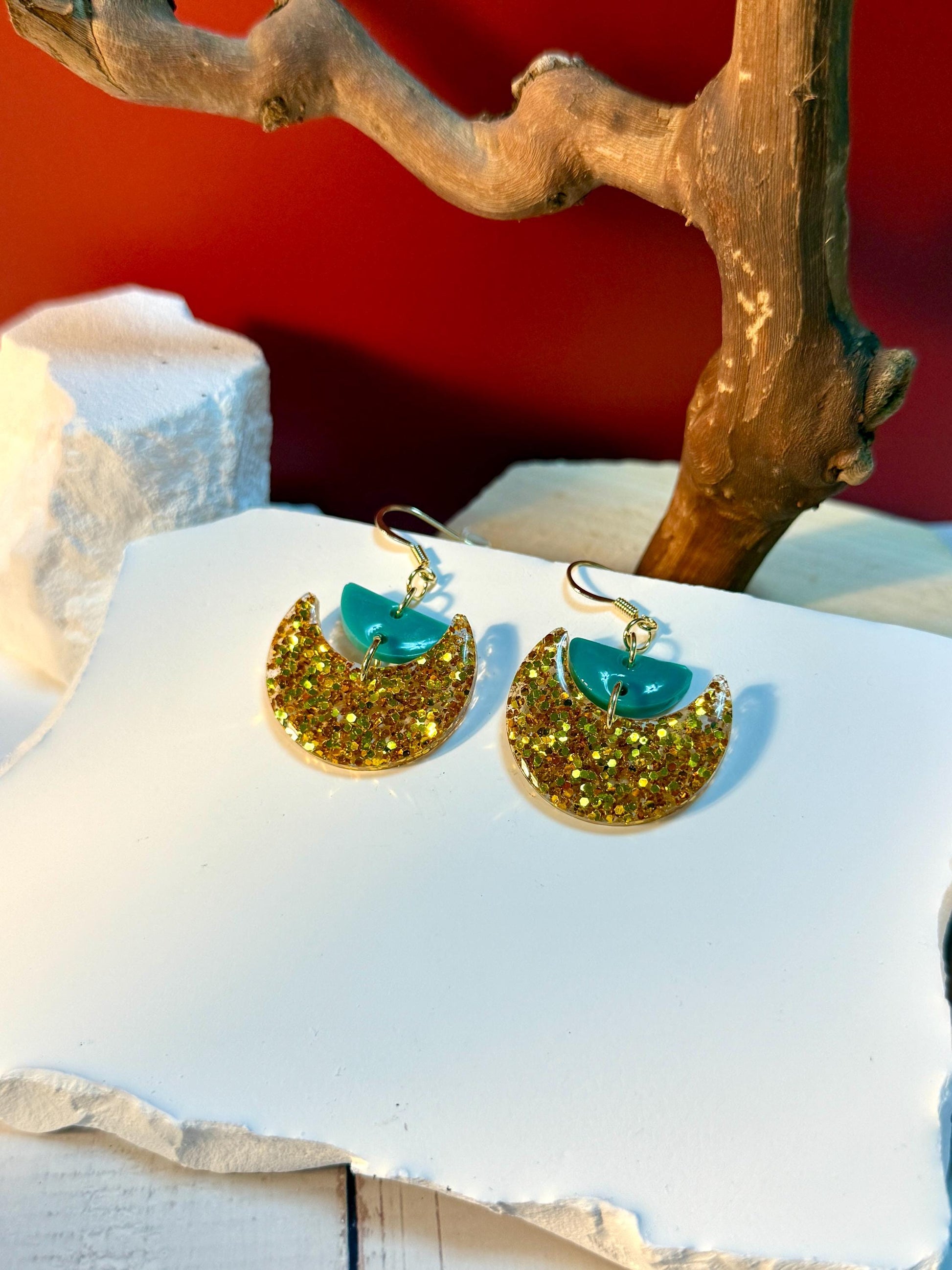 Gold Glitter Resin Earrings: Teal Crescent Boho Dangles