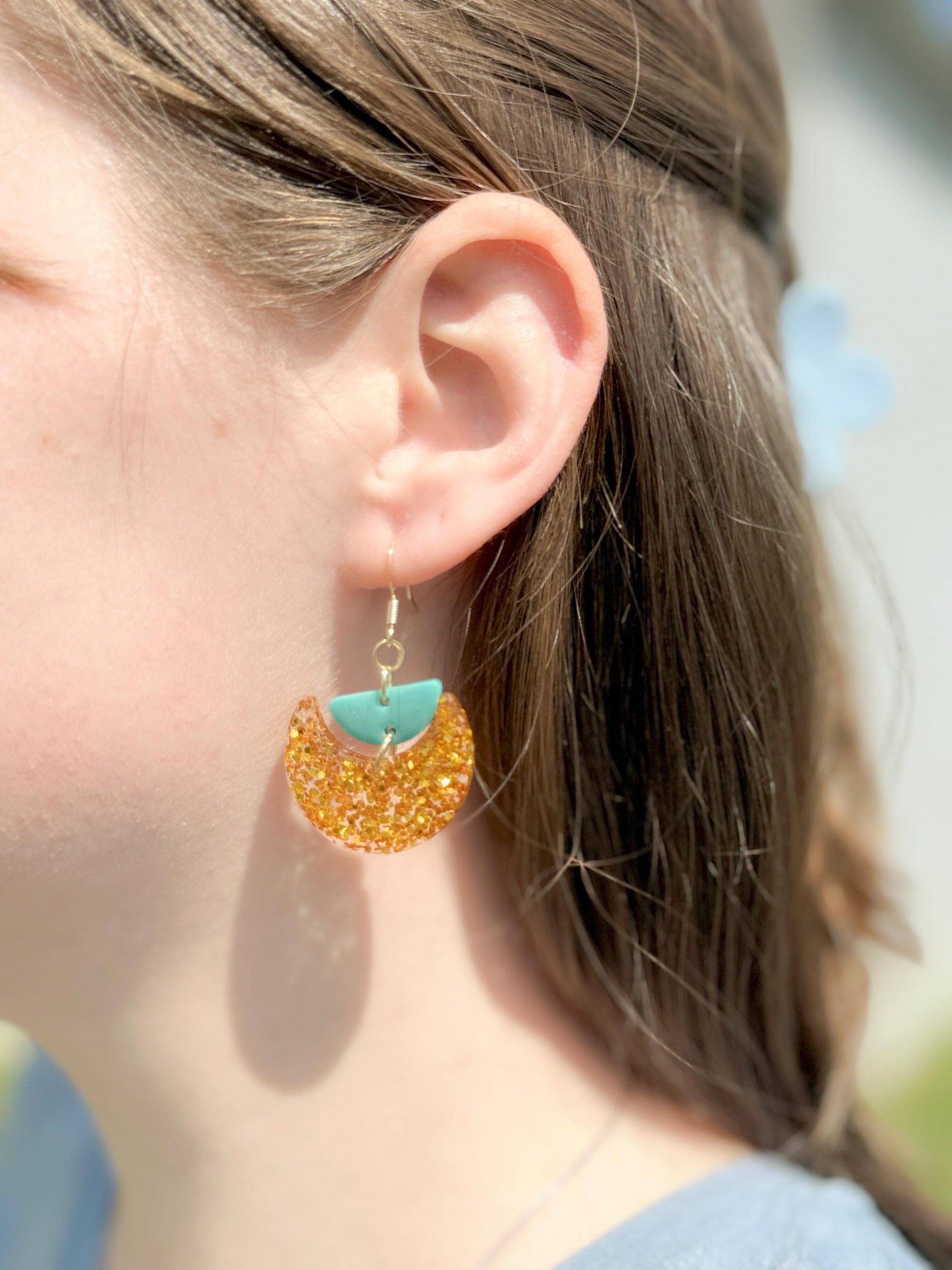 Gold Glitter Resin Earrings: Teal Crescent Boho Dangles