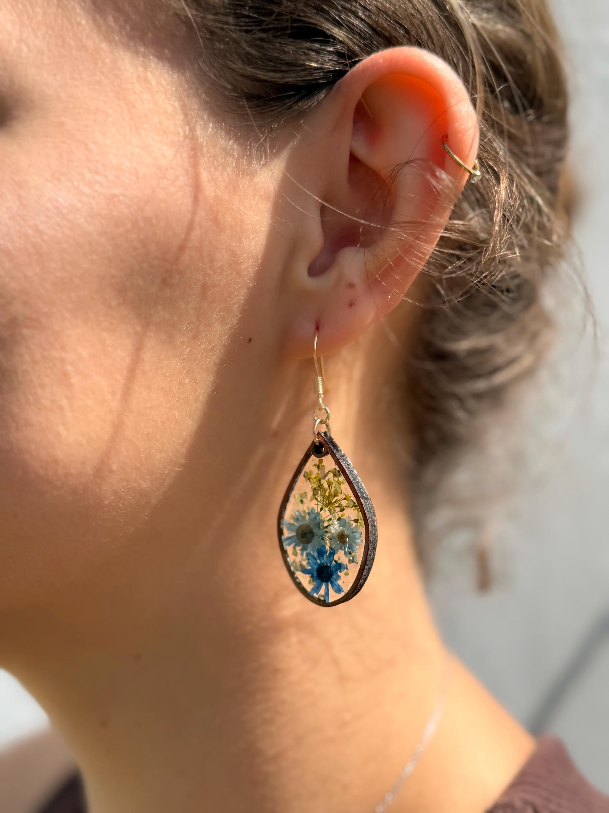 Real Pressed Flower Resin Earrings: Blue Daisies, Gold Hooks