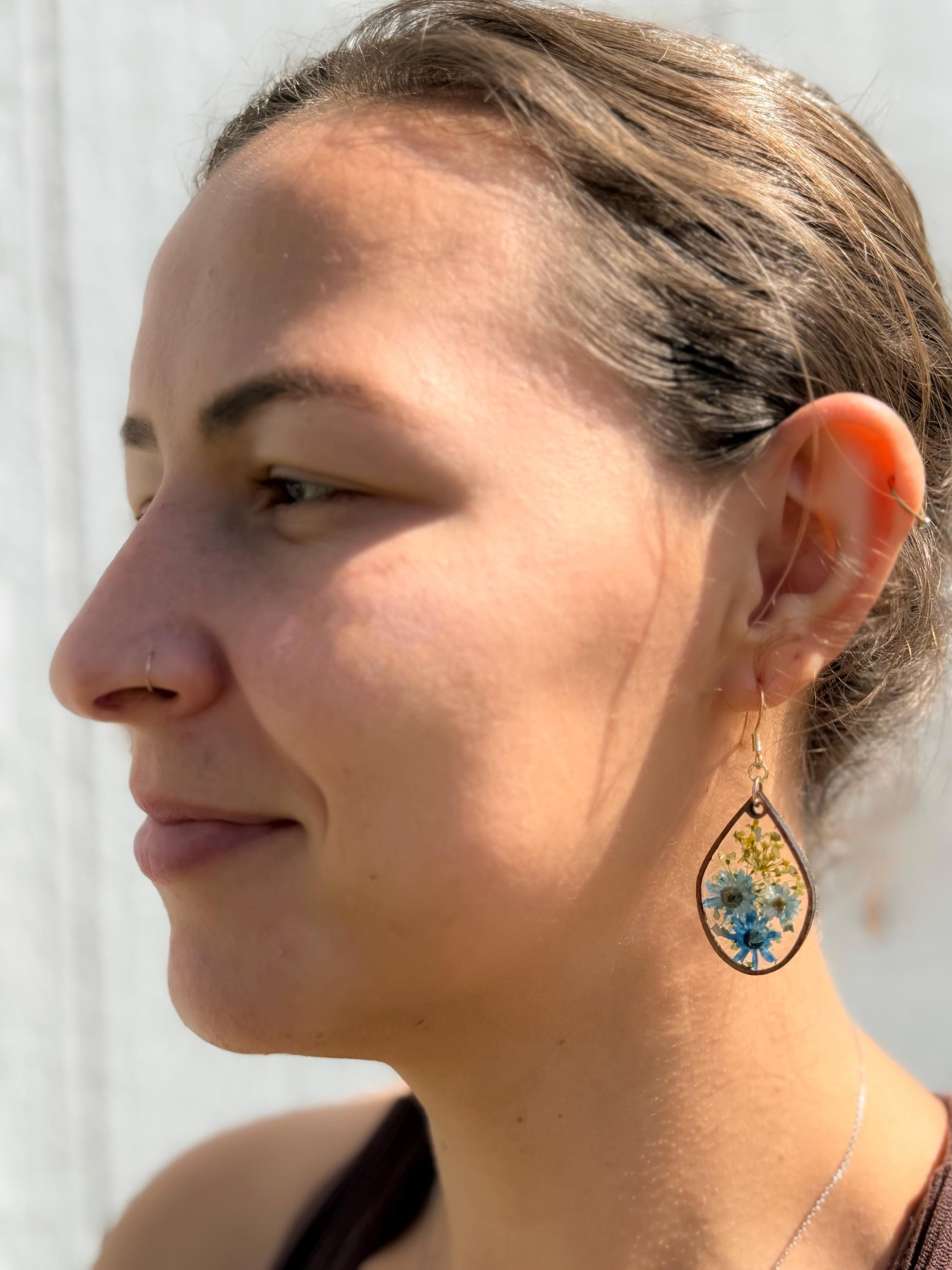 Real Pressed Flower Resin Earrings: Blue Daisies, Gold Hooks