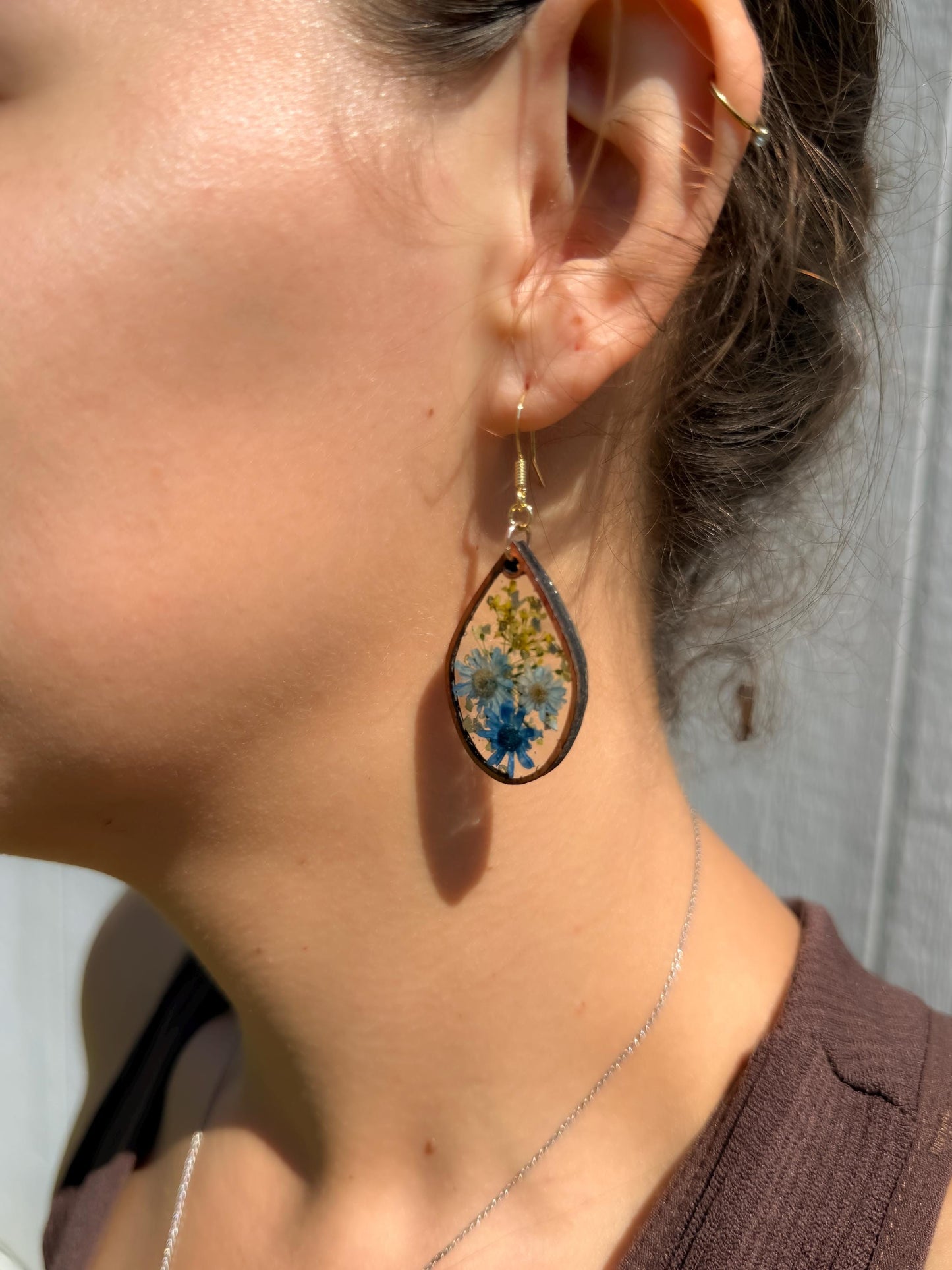 Real Pressed Flower Resin Earrings: Blue Daisies, Gold Hooks