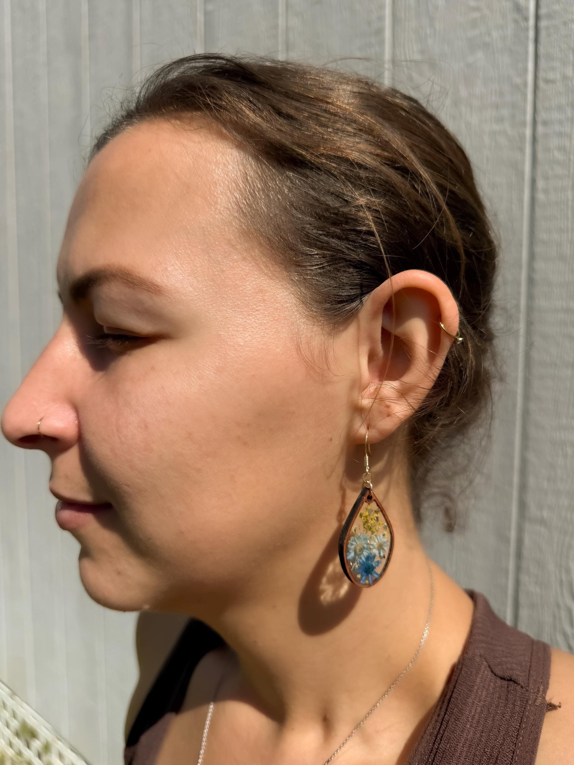 Real Pressed Flower Resin Earrings: Blue Daisies, Gold Hooks