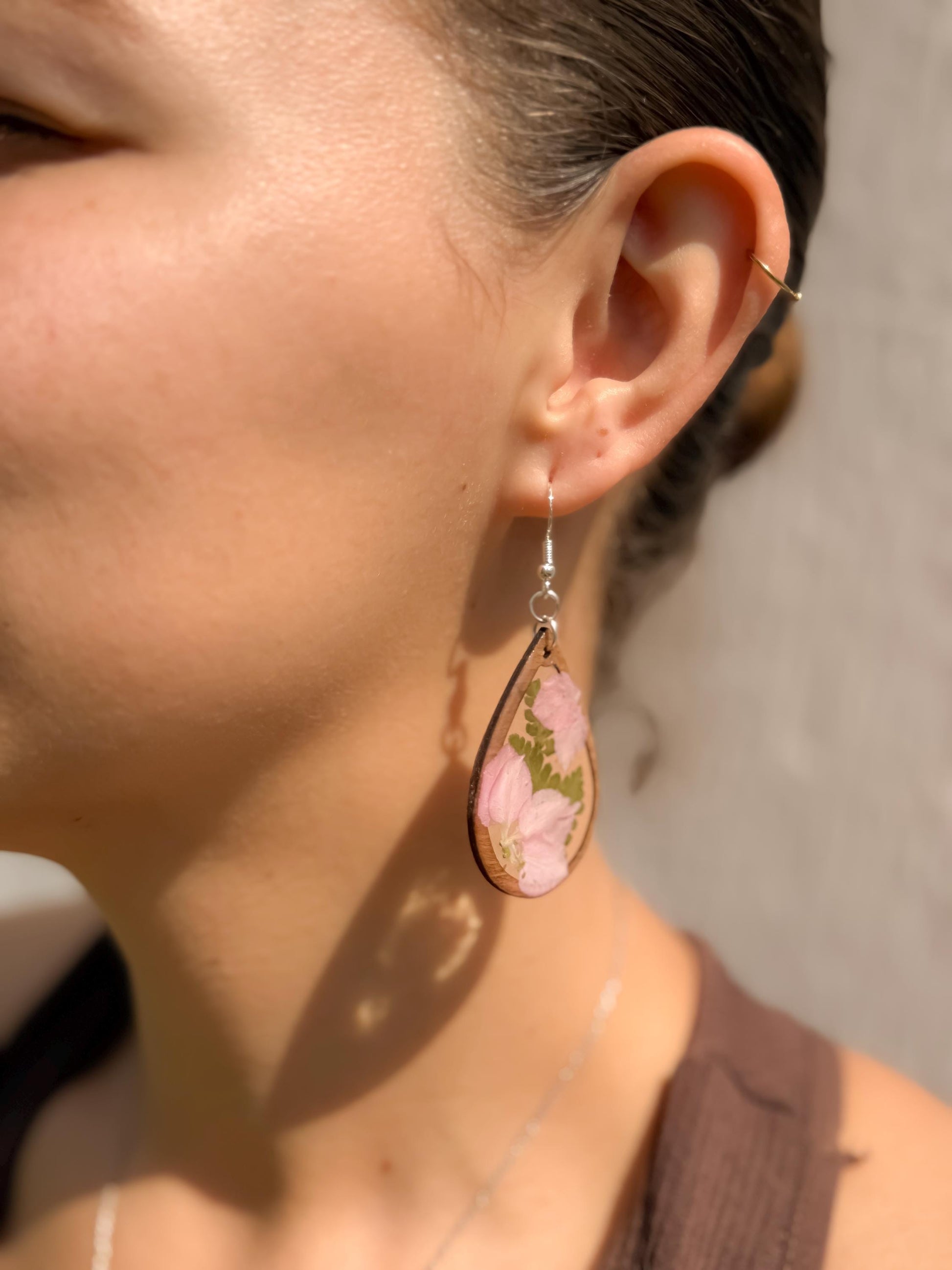 Pink Real Flower Resin & Wood Teardrop Earrings – Handmade Botanical Jewelry