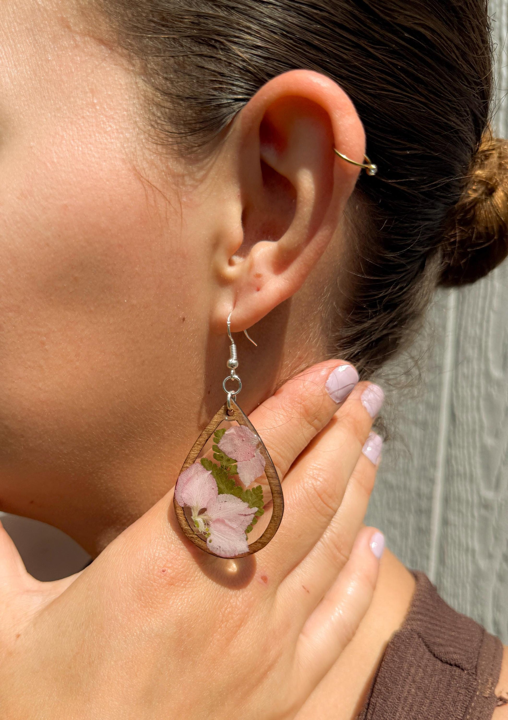 Pink Real Flower Resin & Wood Teardrop Earrings – Handmade Botanical Jewelry