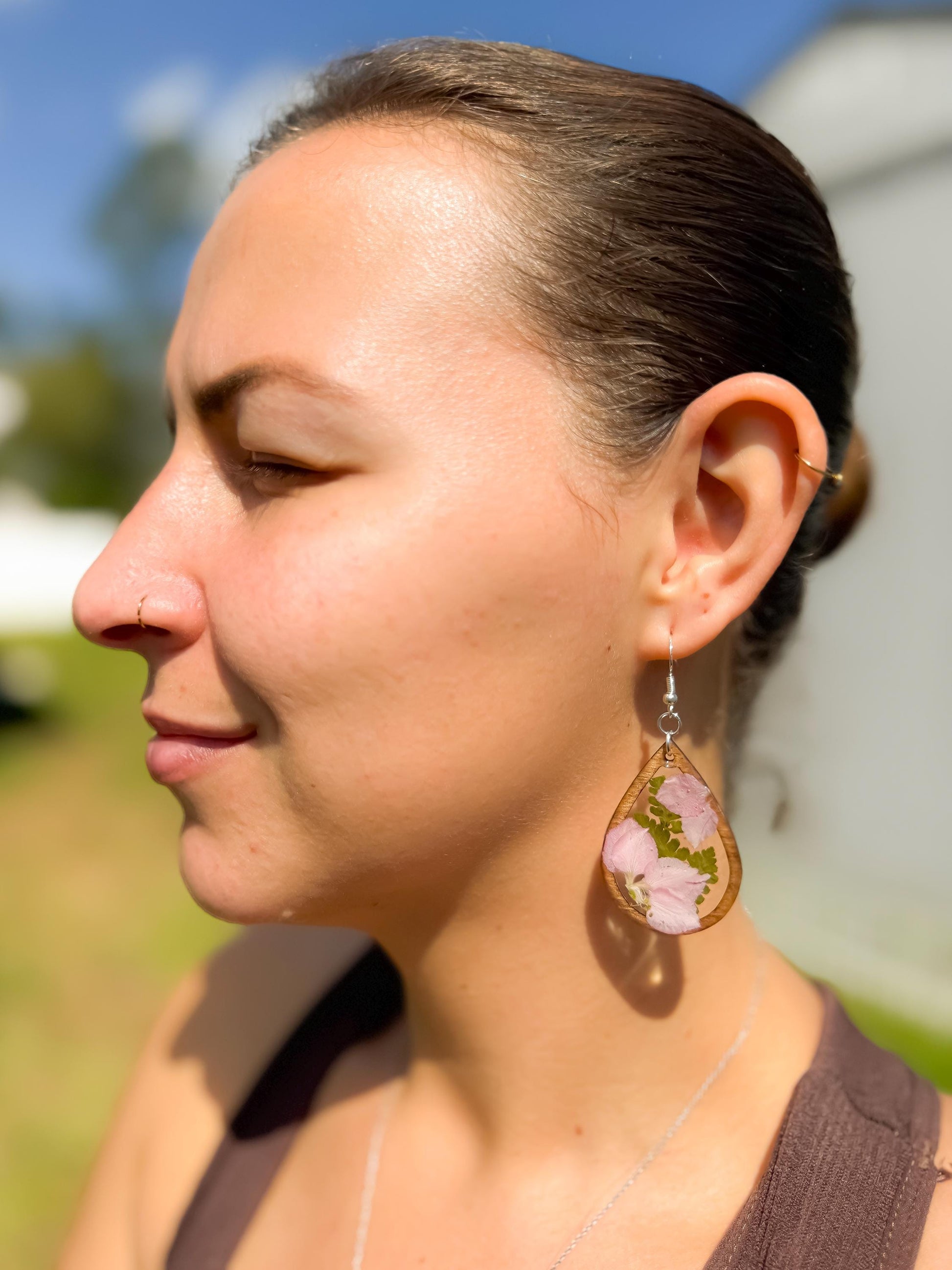 Pink Real Flower Resin & Wood Teardrop Earrings – Handmade Botanical Jewelry