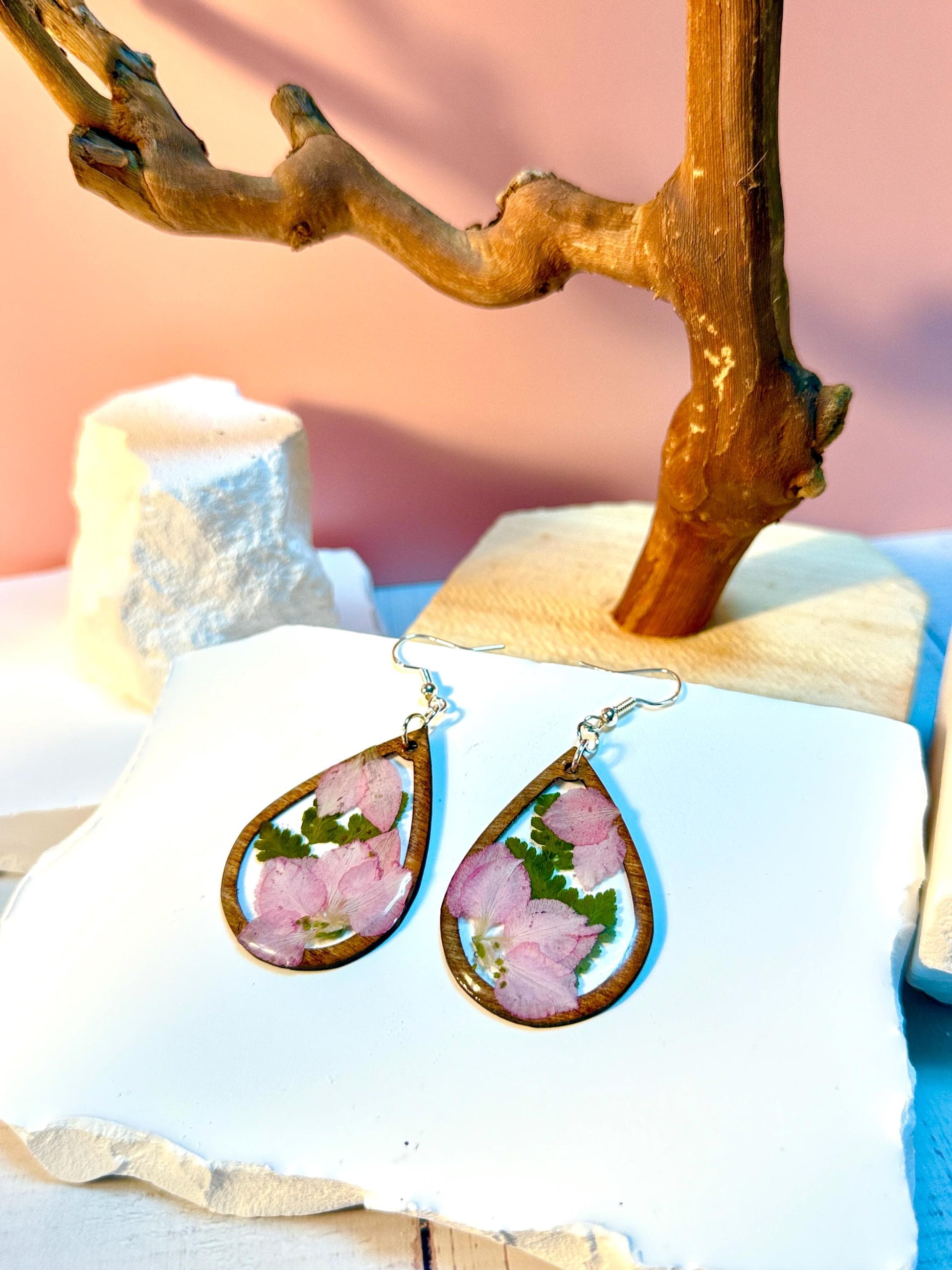 Pink Real Flower Resin & Wood Teardrop Earrings – Handmade Botanical Jewelry
