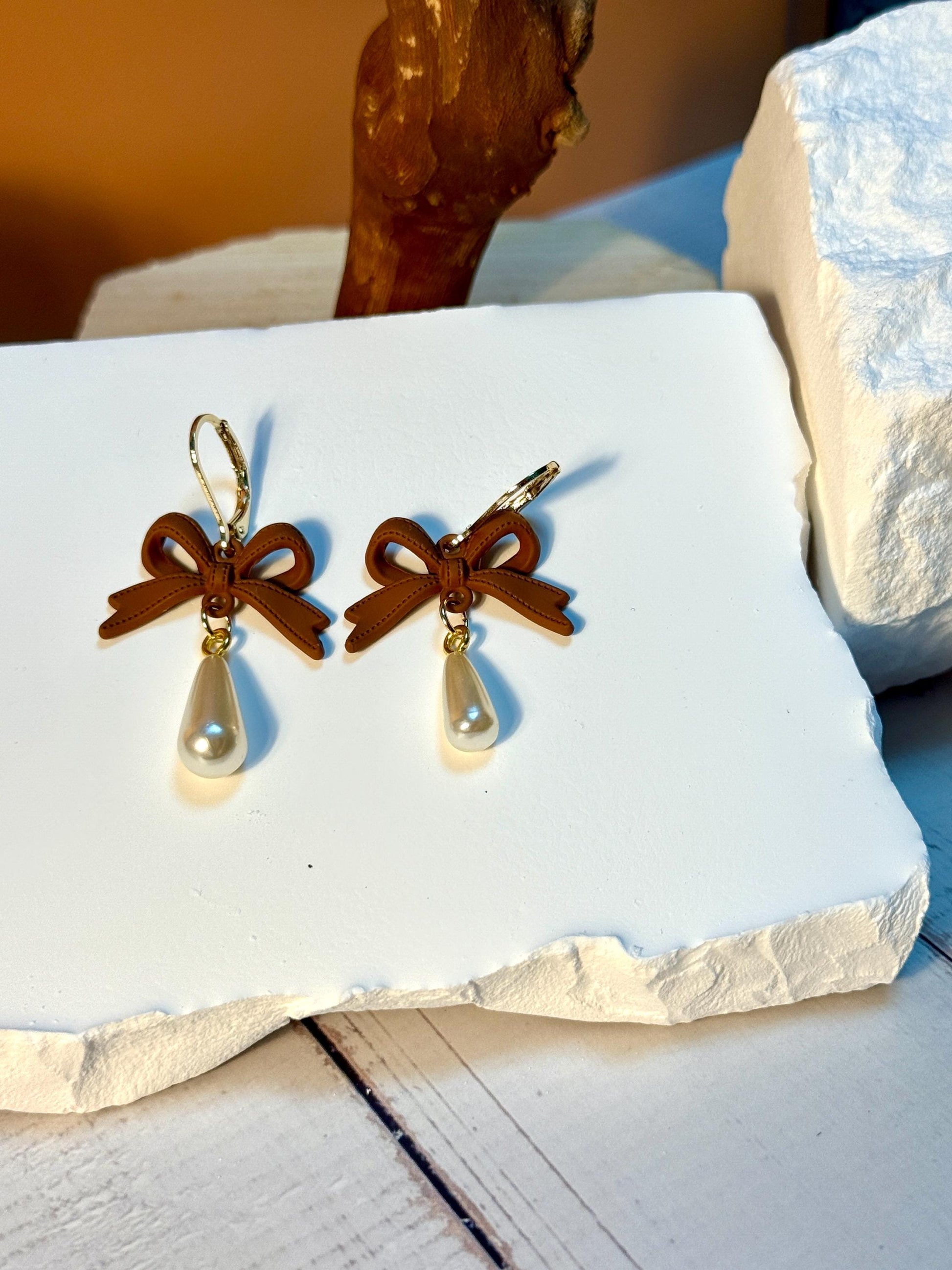 Handmade Brown Bow Earrings: Polymer Dangle with Pearl Drop