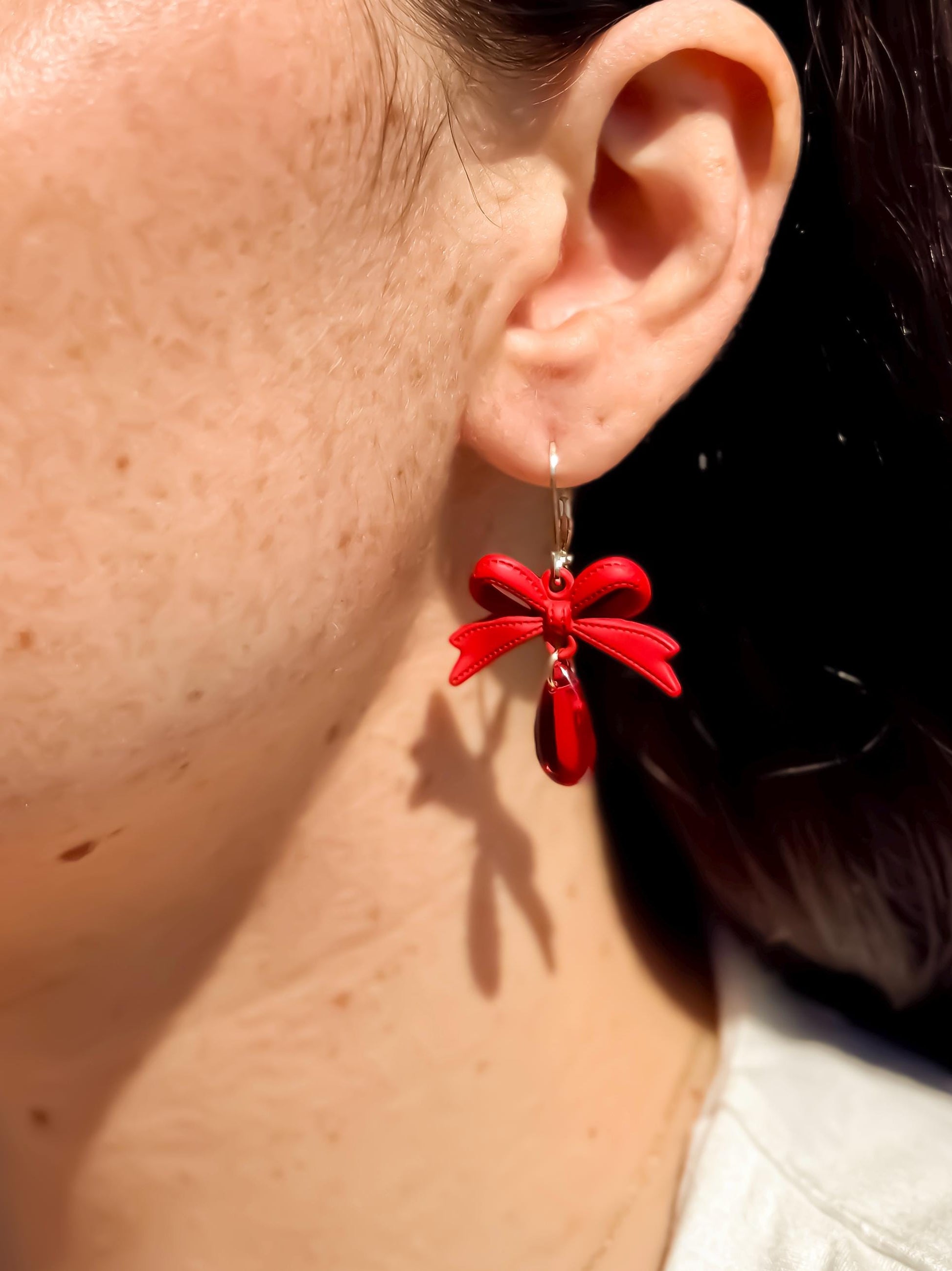 Handmade Red Bow Dangle Earrings: Resin Teardrop Statement Jewelry