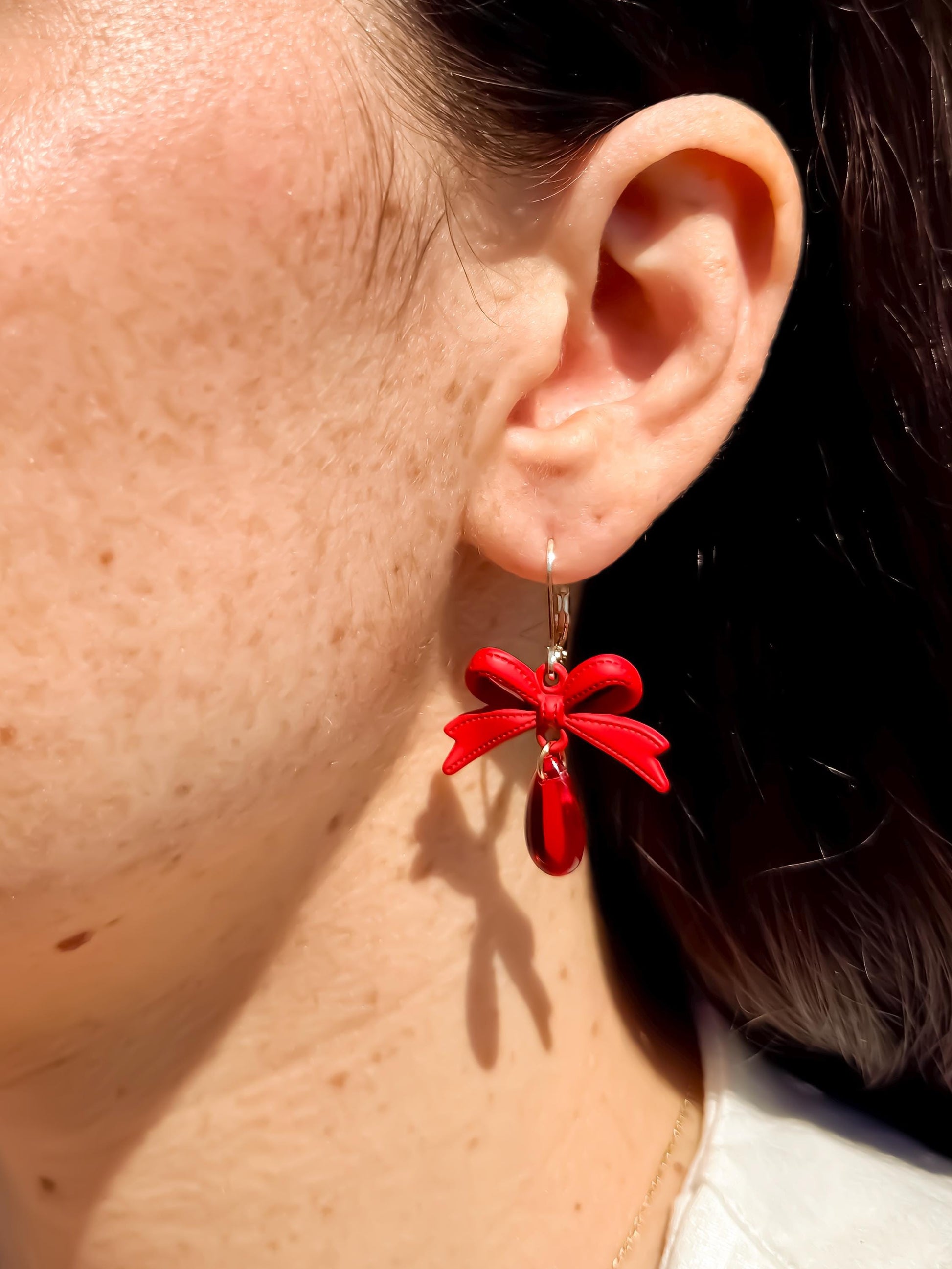 Handmade Red Bow Dangle Earrings: Resin Teardrop Statement Jewelry