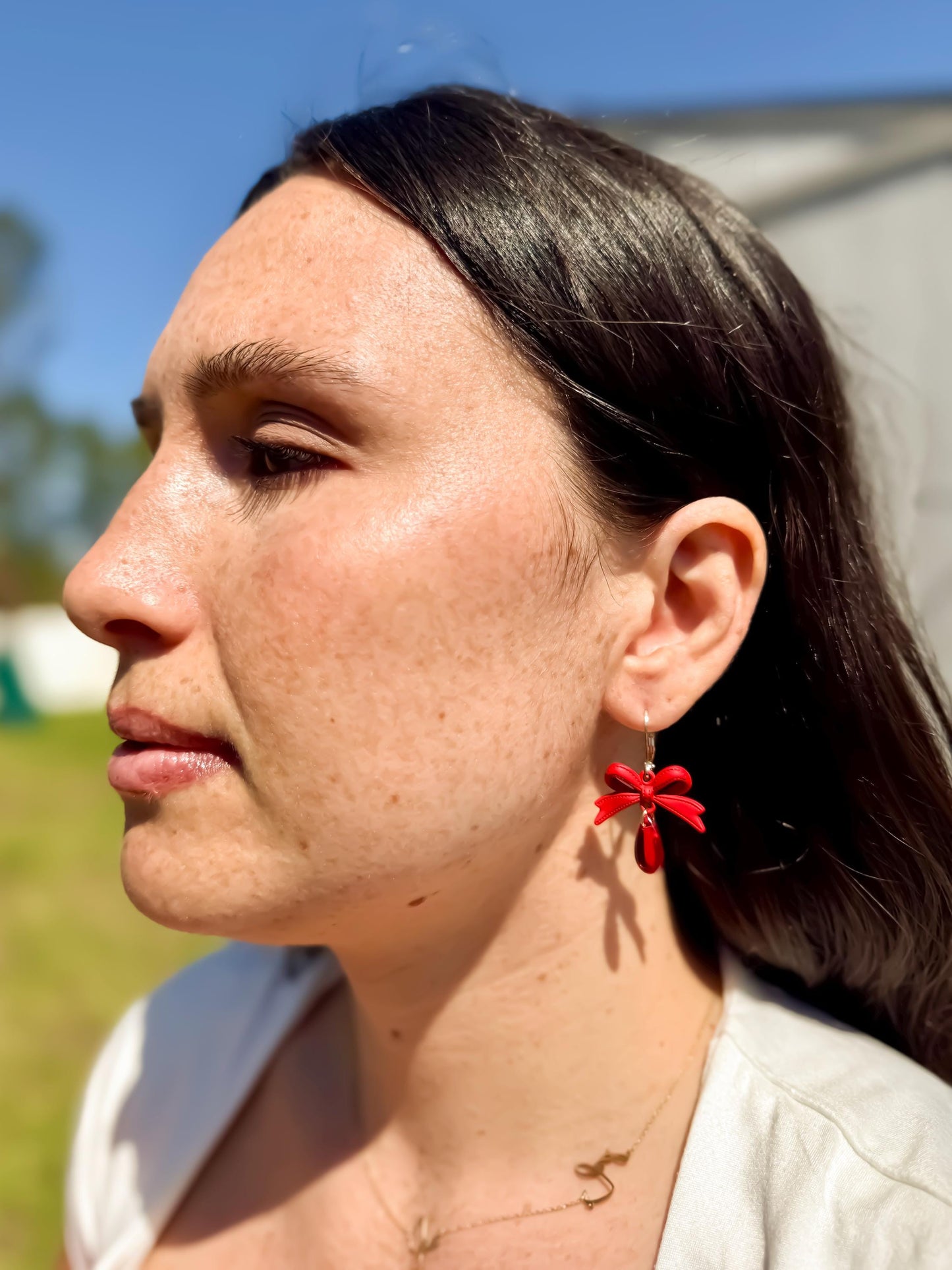 Handmade Red Bow Dangle Earrings: Resin Teardrop Statement Jewelry