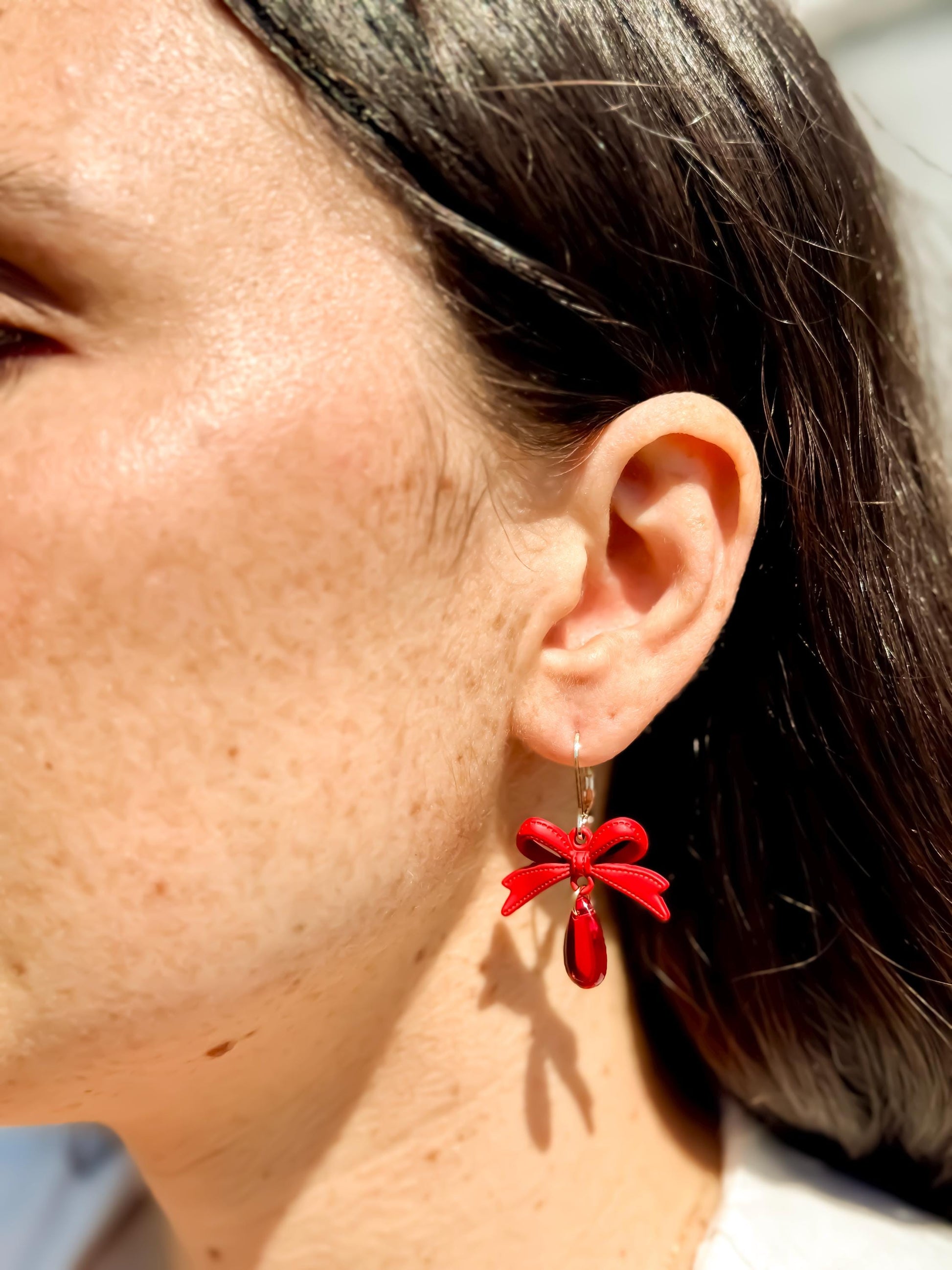 Handmade Red Bow Dangle Earrings: Resin Teardrop Statement Jewelry