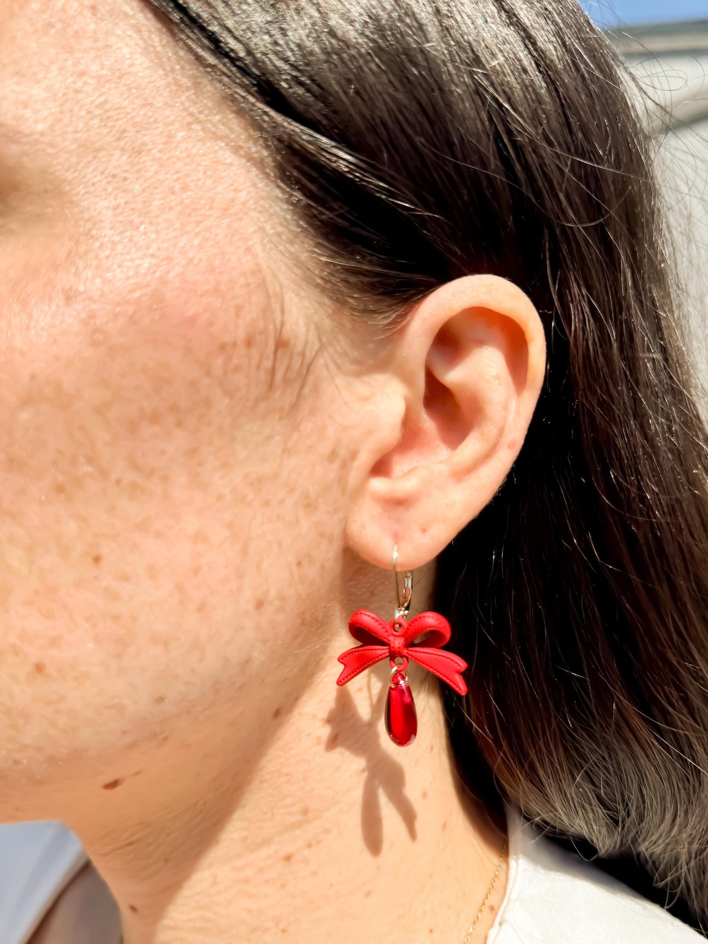 Handmade Red Bow Dangle Earrings: Resin Teardrop Statement Jewelry