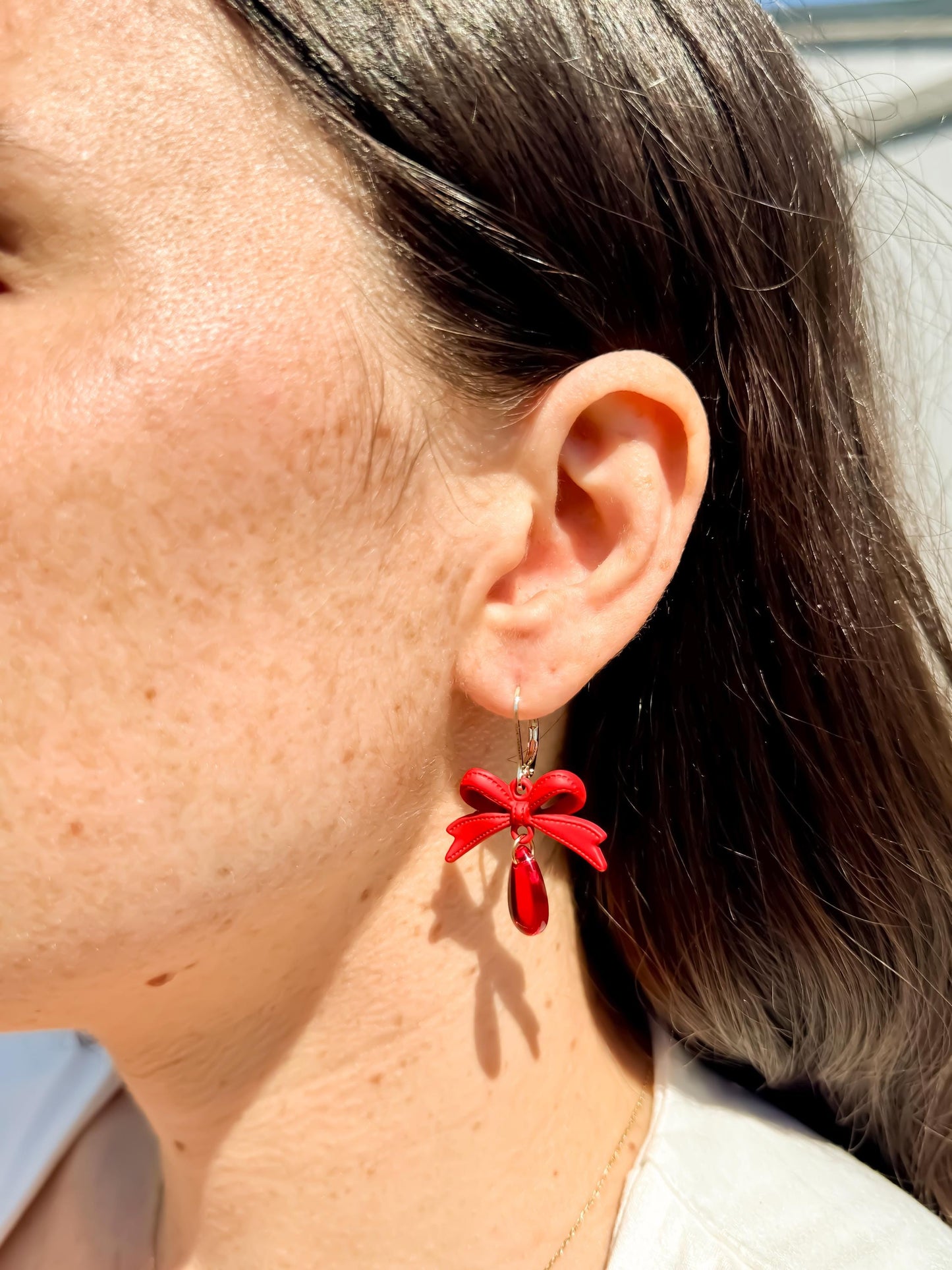 Handmade Red Bow Dangle Earrings: Resin Teardrop Statement Jewelry