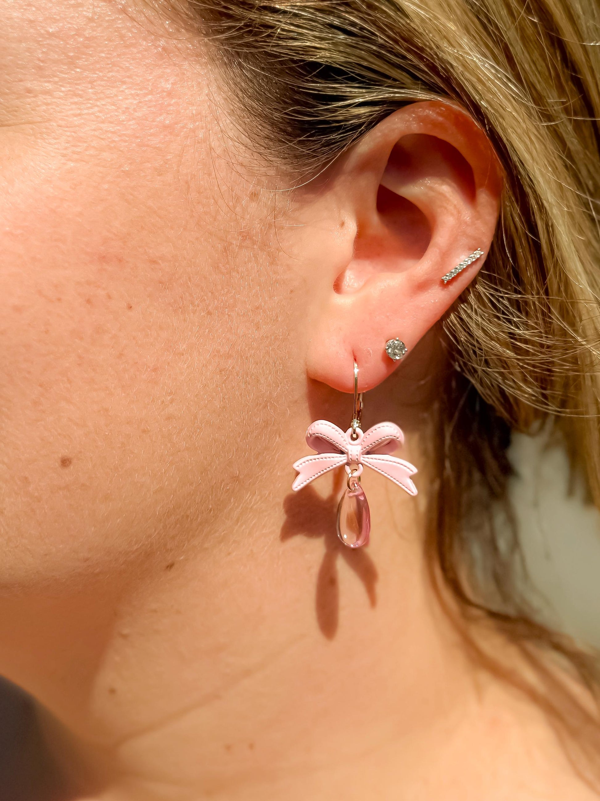Handmade Pink Bow Dangle Earrings: Kawaii Teardrop Jewelry