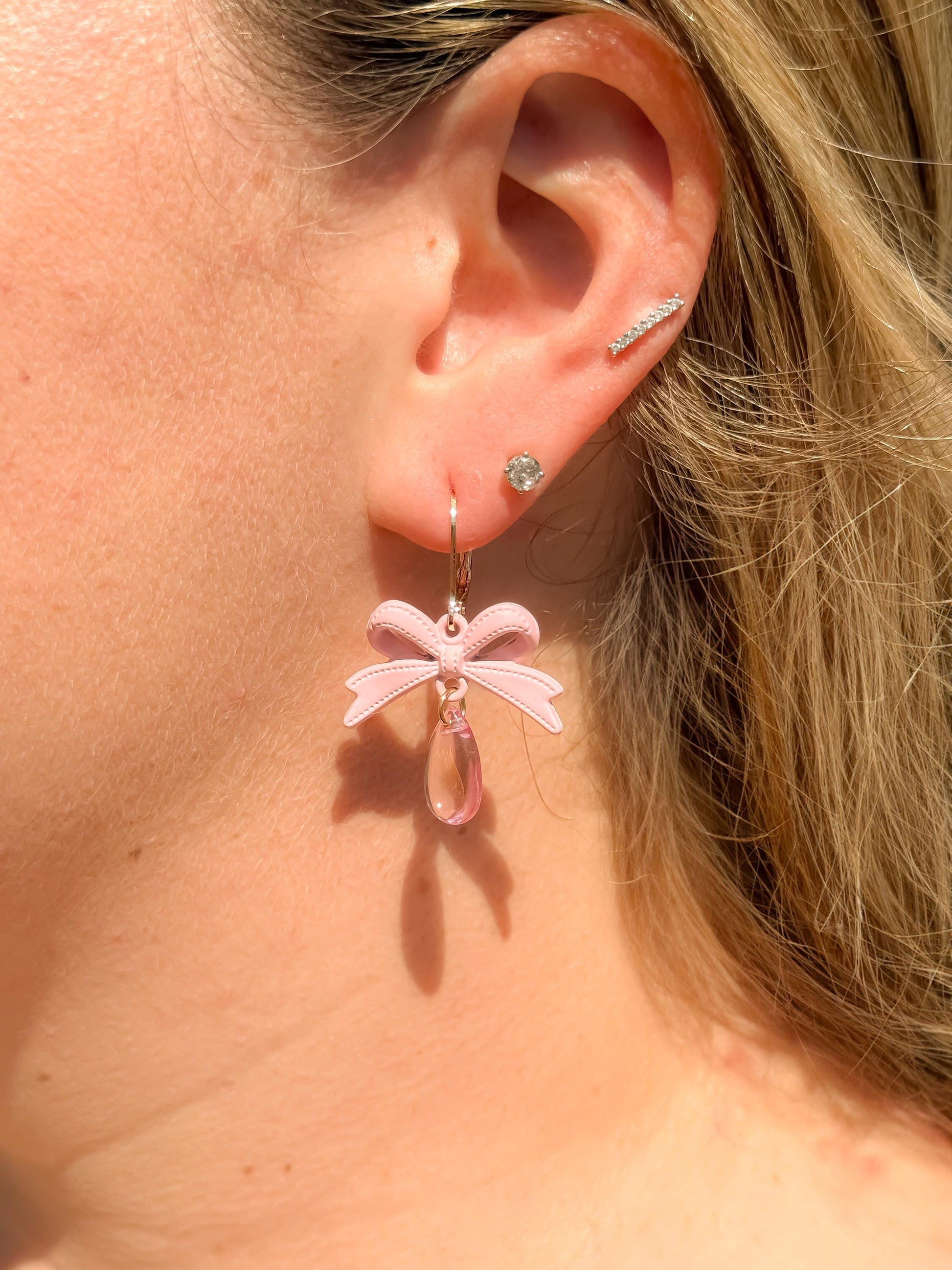 Handmade Pink Bow Dangle Earrings: Kawaii Teardrop Jewelry