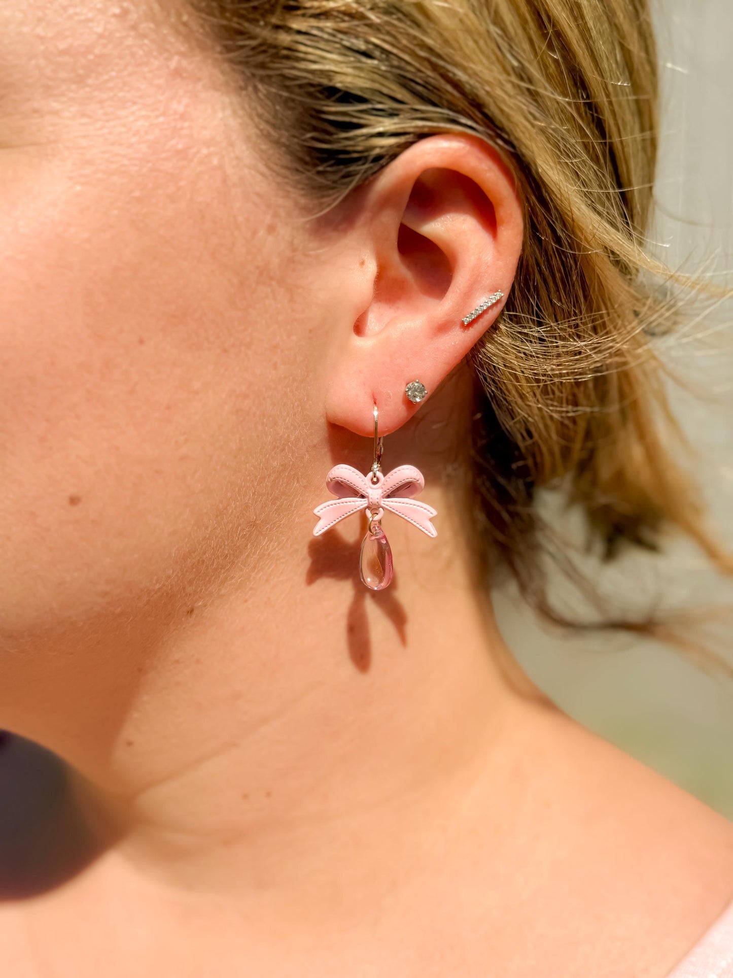 Handmade Pink Bow Dangle Earrings: Kawaii Teardrop Jewelry