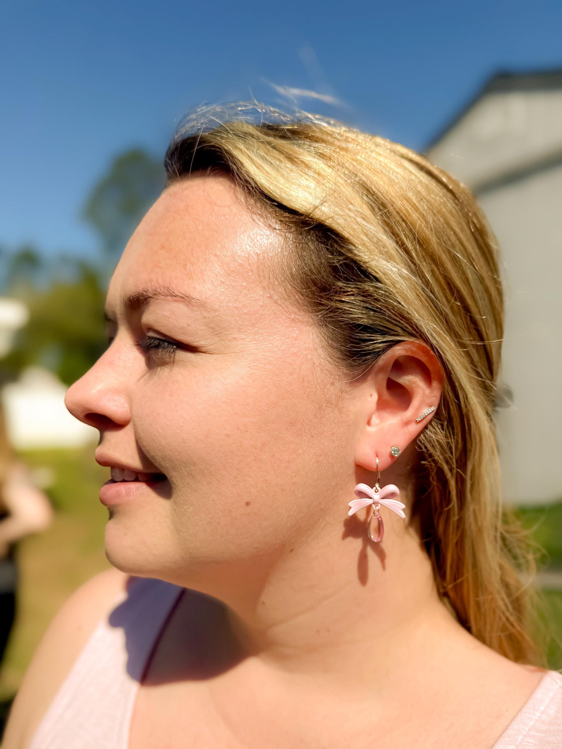 Handmade Pink Bow Dangle Earrings: Kawaii Teardrop Jewelry