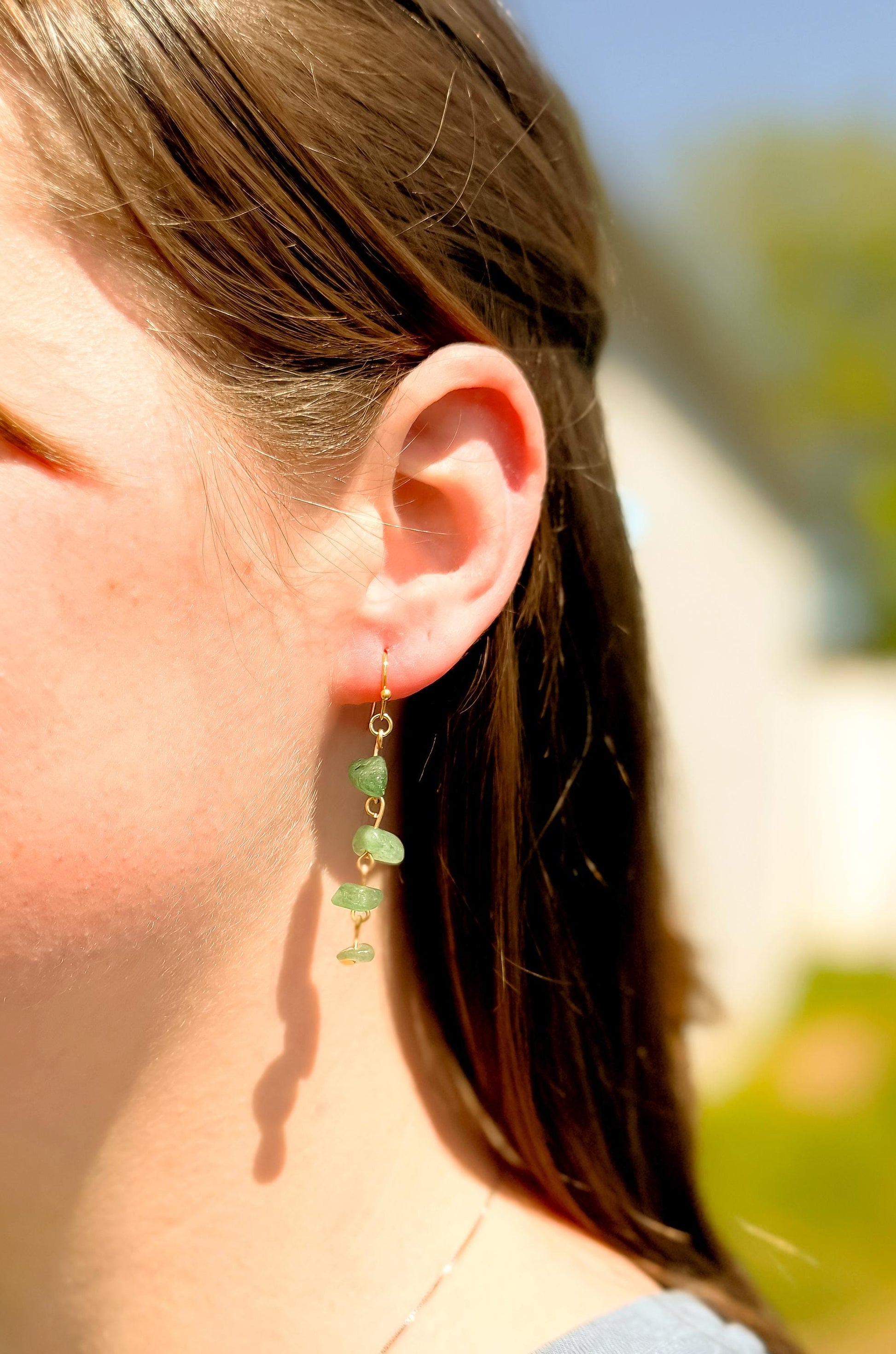 Green Stone Chip Dangle Earrings – Handmade Real Gemstone Jewelry