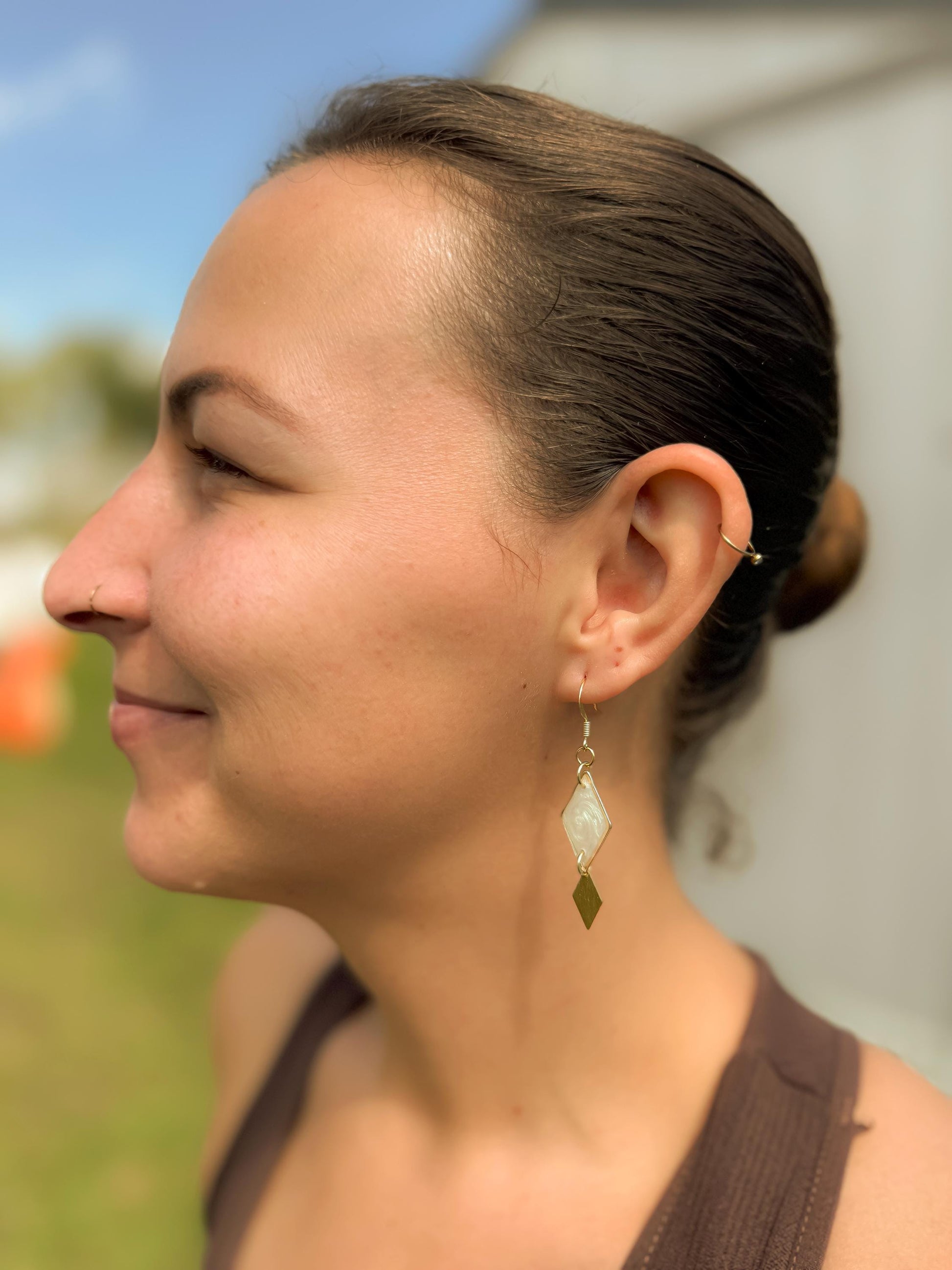 Gold Geometric Earrings: Pearlescent White Resin Diamond Dangle