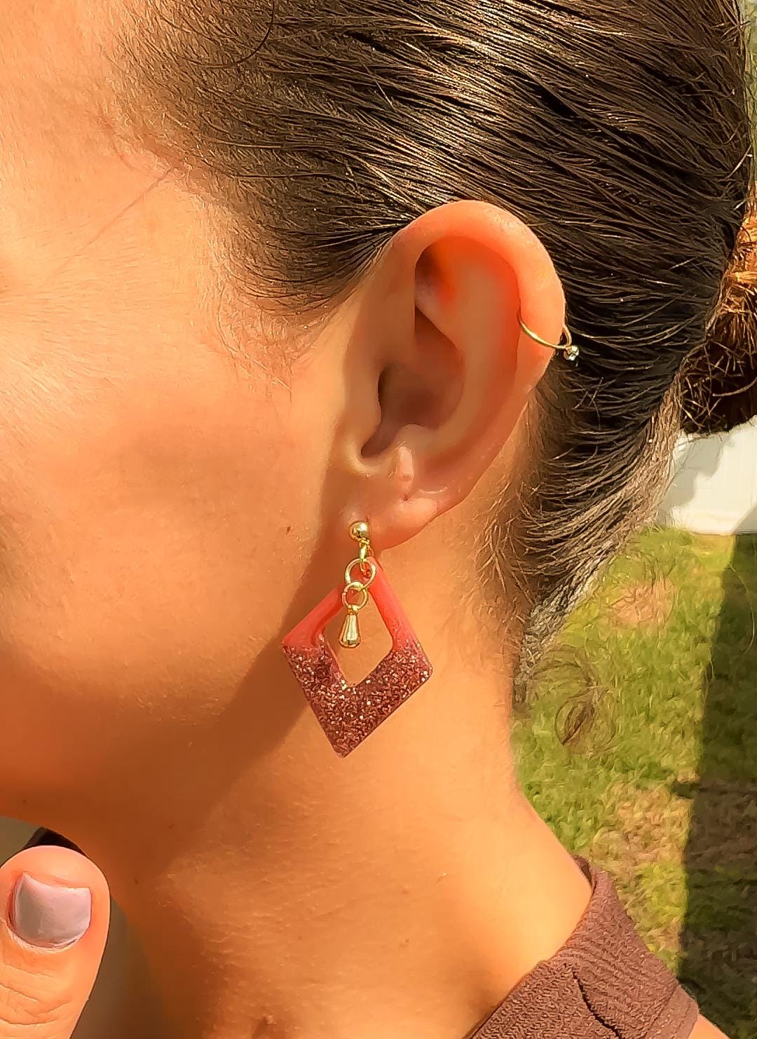 Red-Orange Glitter Resin Earrings: Gold Diamond Dangle Earrings