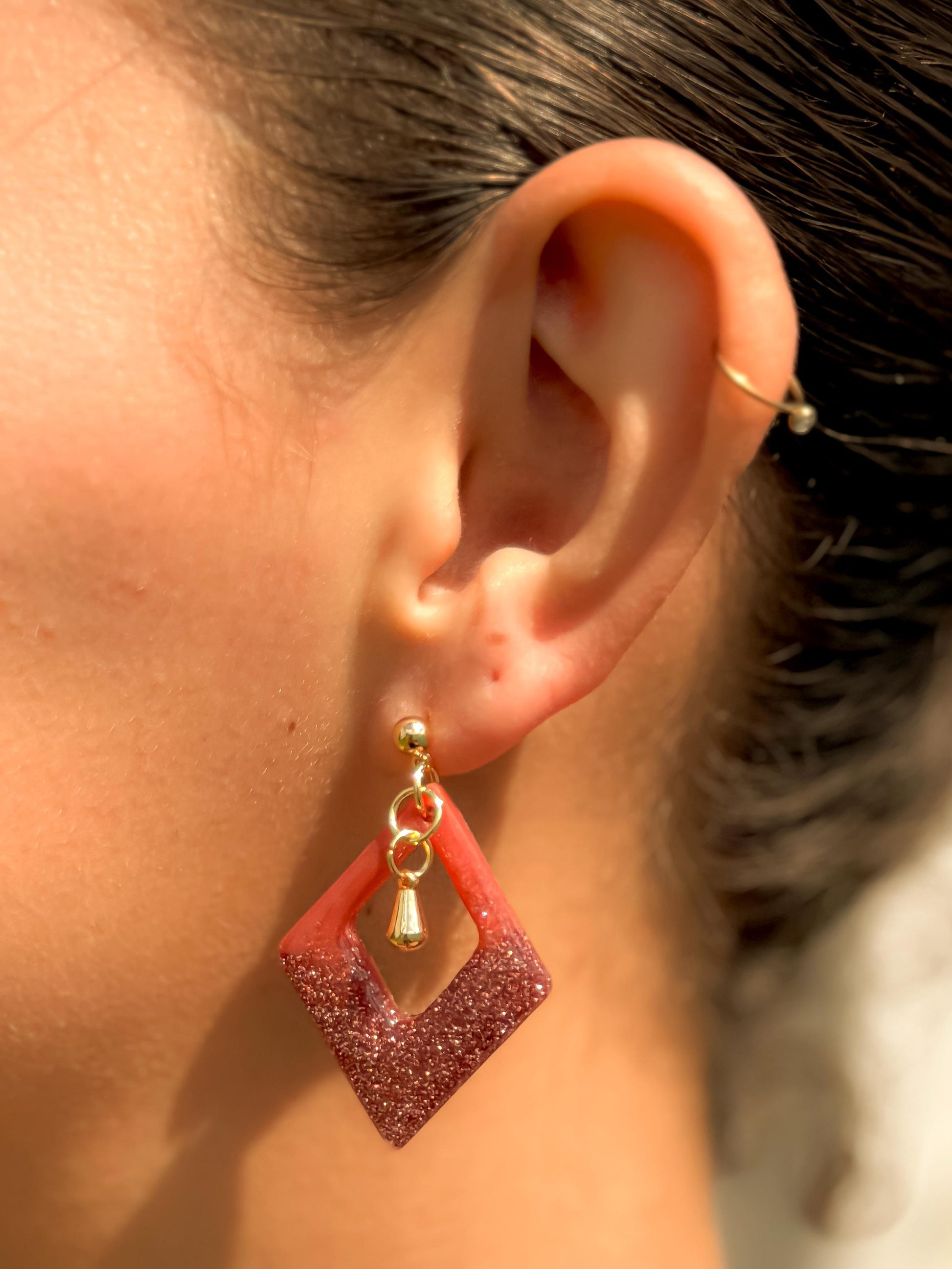 Red-Orange Glitter Resin Earrings: Gold Diamond Dangle Earrings