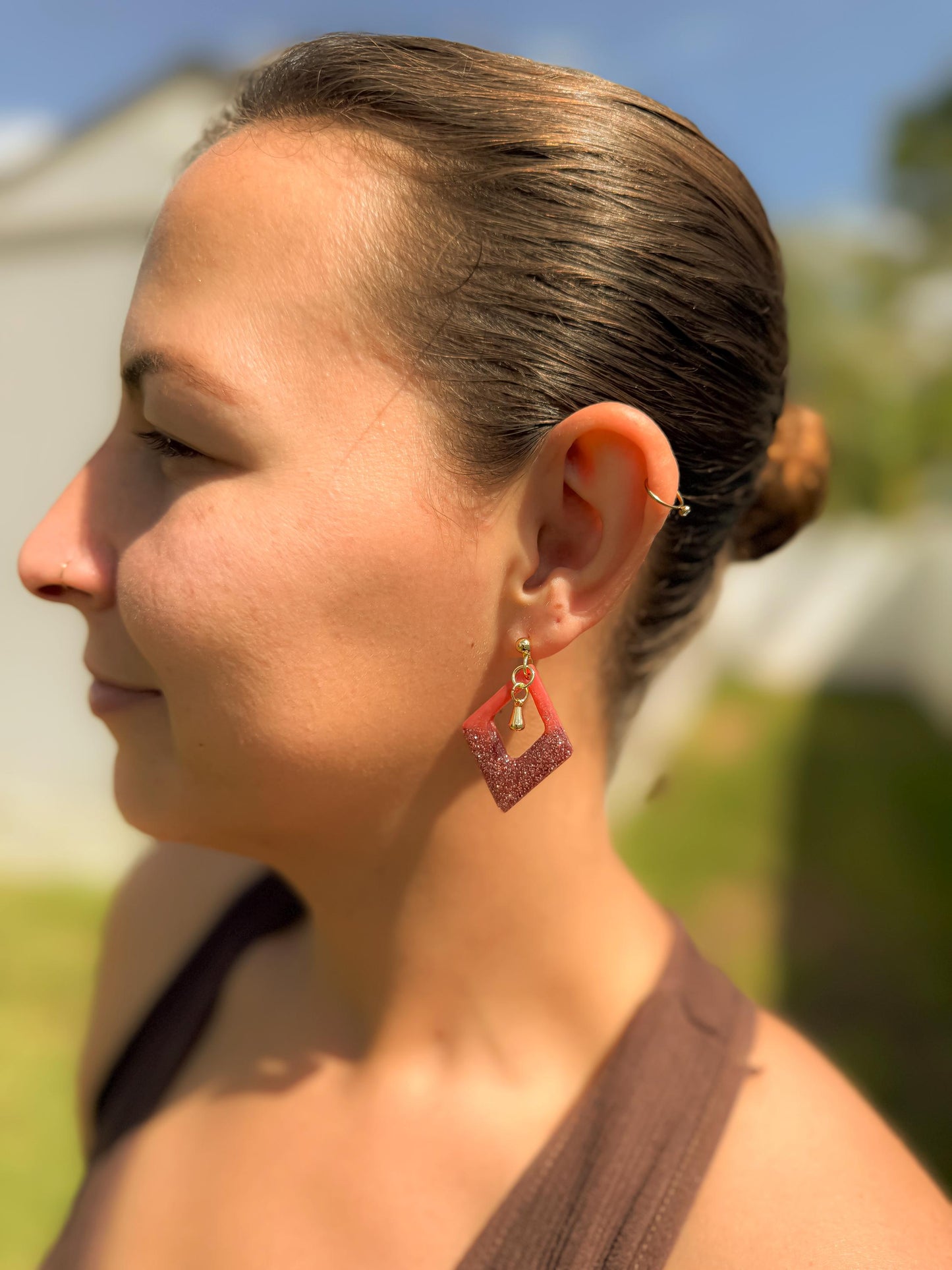 Red-Orange Glitter Resin Earrings: Gold Diamond Dangle Earrings