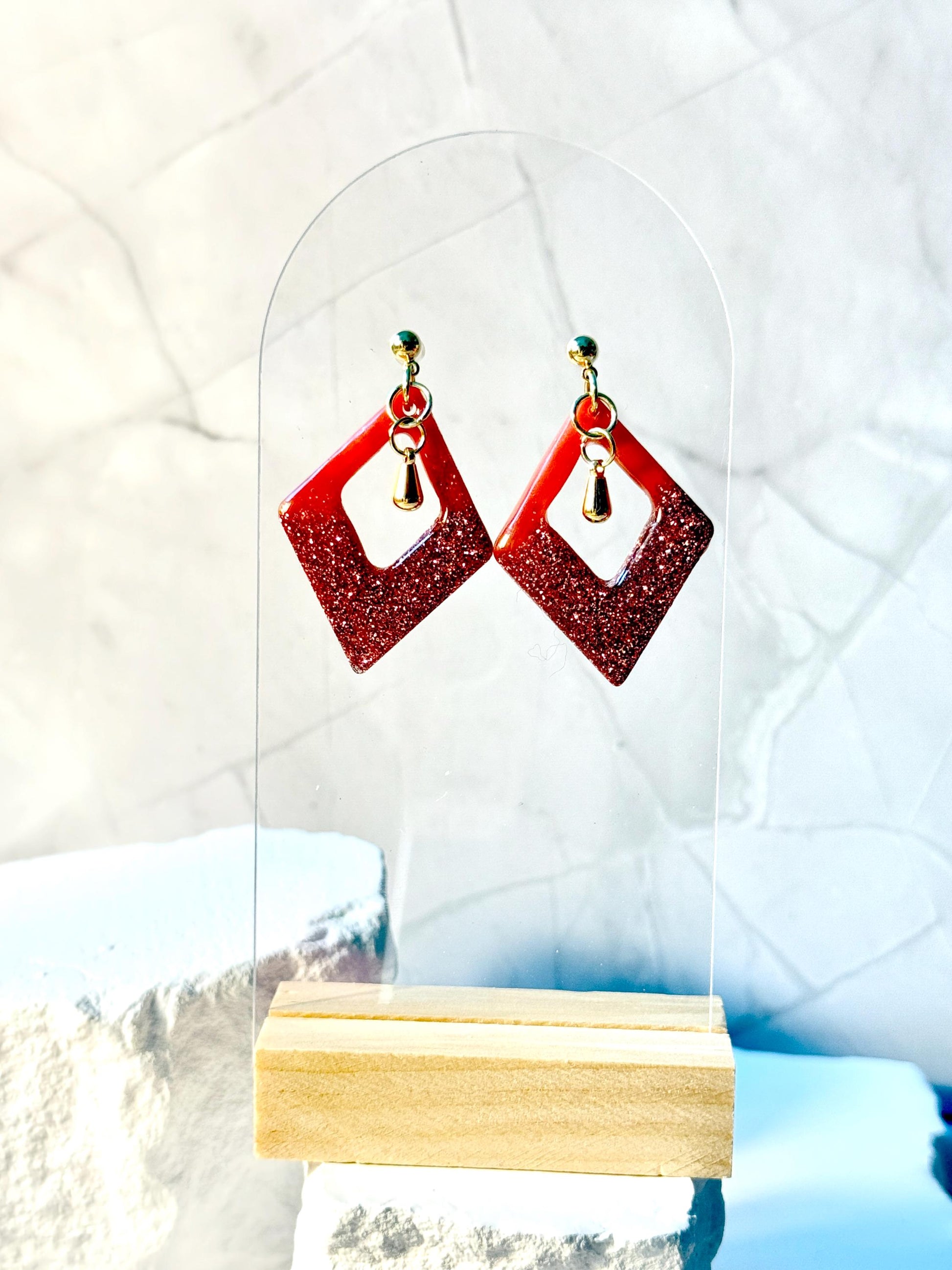 Red-Orange Glitter Resin Earrings: Gold Diamond Dangle Earrings