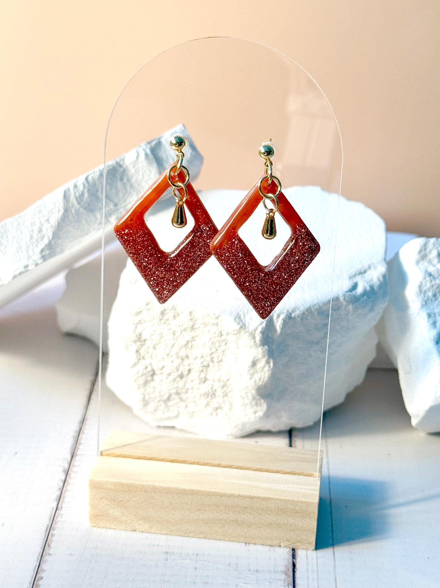 Red-Orange Glitter Resin Earrings: Gold Diamond Dangle Earrings