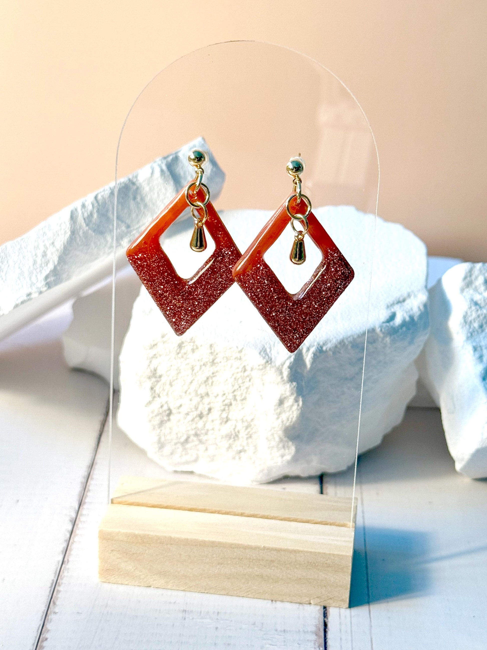 Red-Orange Glitter Resin Earrings: Gold Diamond Dangle Earrings
