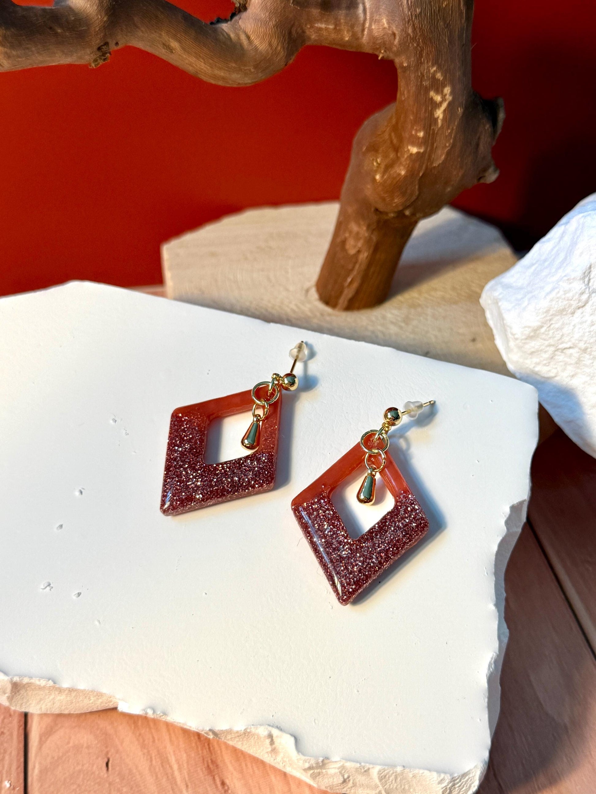 Red-Orange Glitter Resin Earrings: Gold Diamond Dangle Earrings