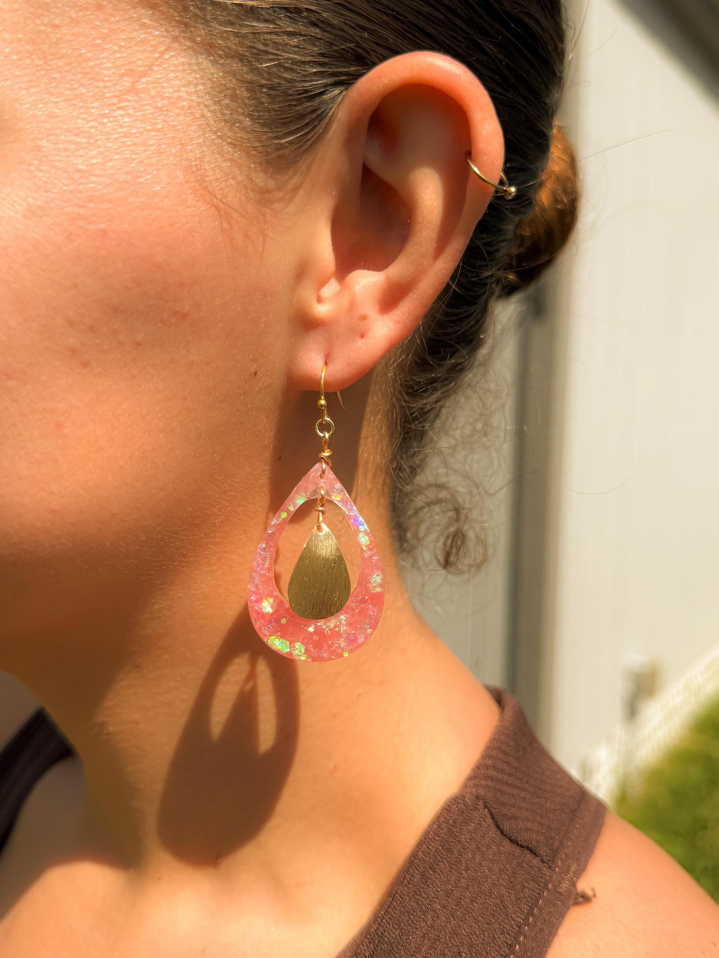 Pink Glitter Resin Earrings: Gold Teardrop Dangle, Handmade Jewelry