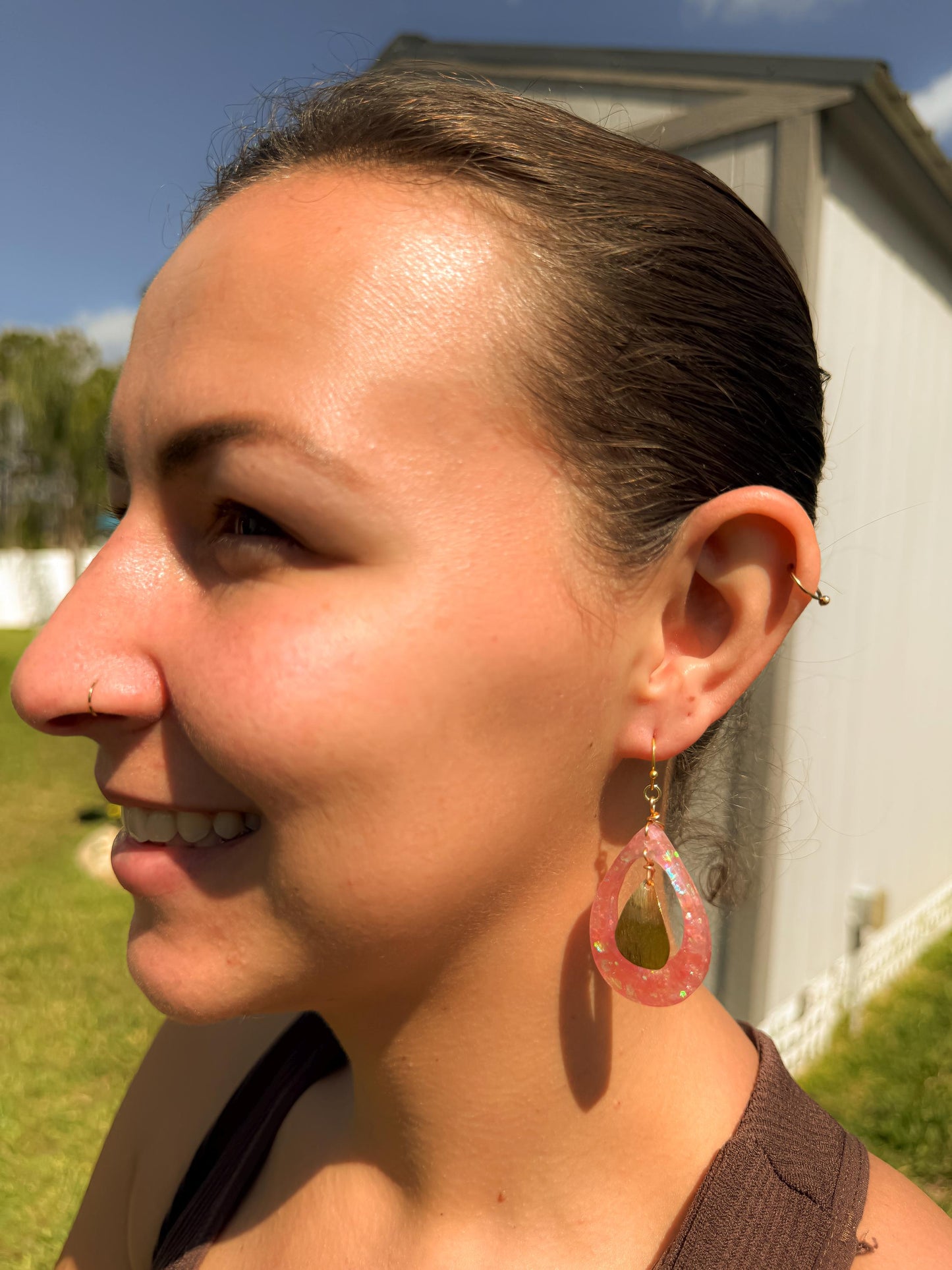 Pink Glitter Resin Earrings: Gold Teardrop Dangle, Handmade Jewelry