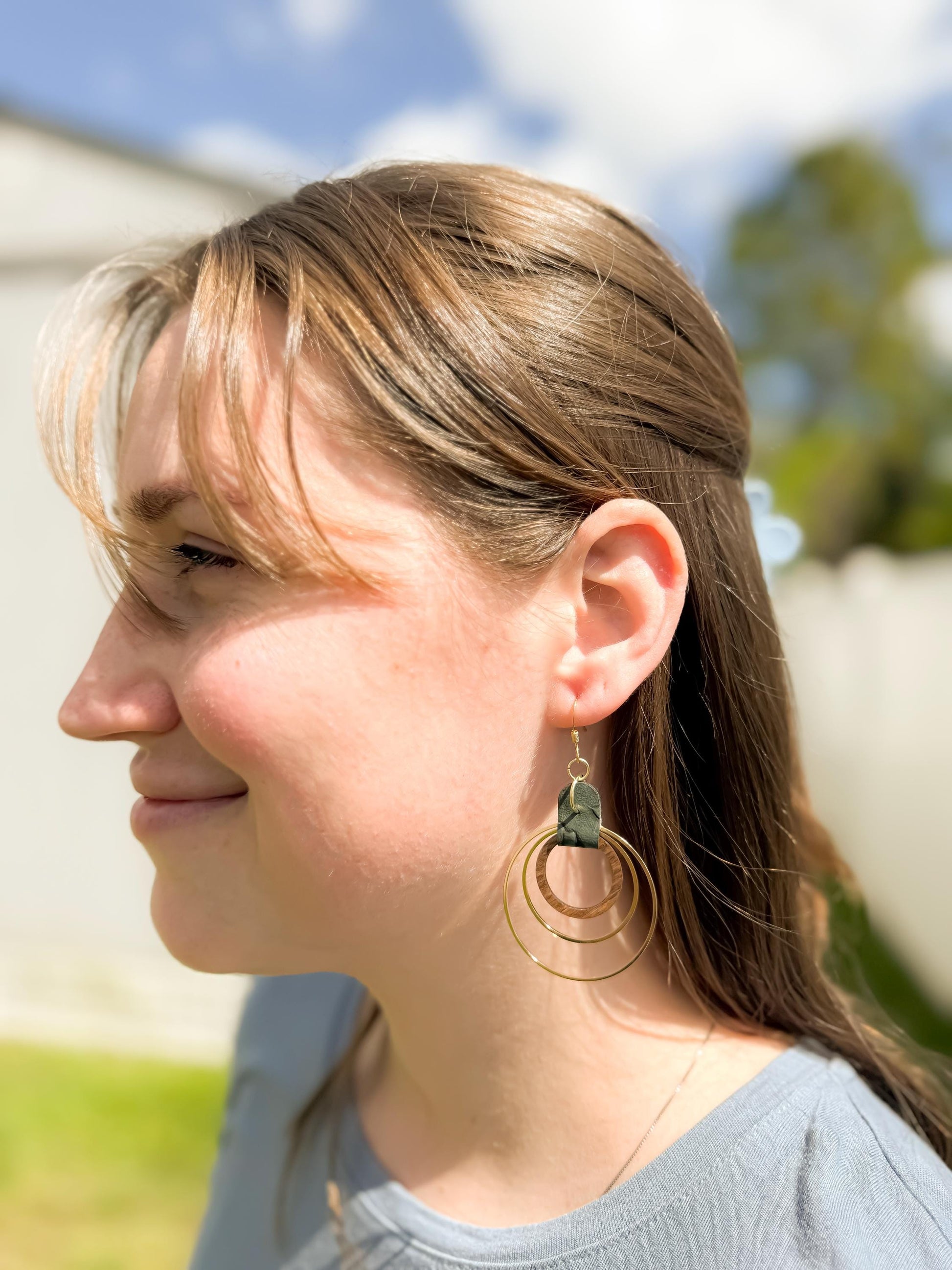 Green Leather, Wood & Metal Triple Hoop Earrings | Handmade Boho Jewelry