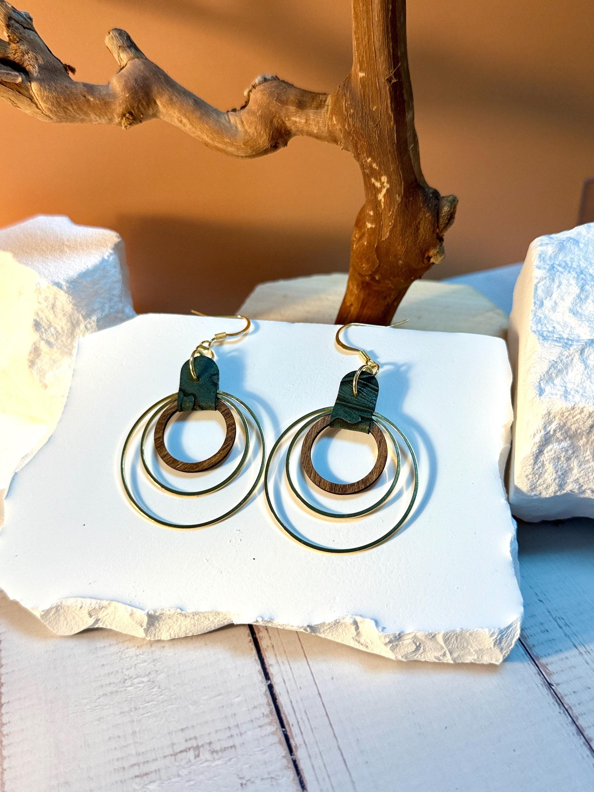 Green Leather, Wood & Metal Triple Hoop Earrings | Handmade Boho Jewelry