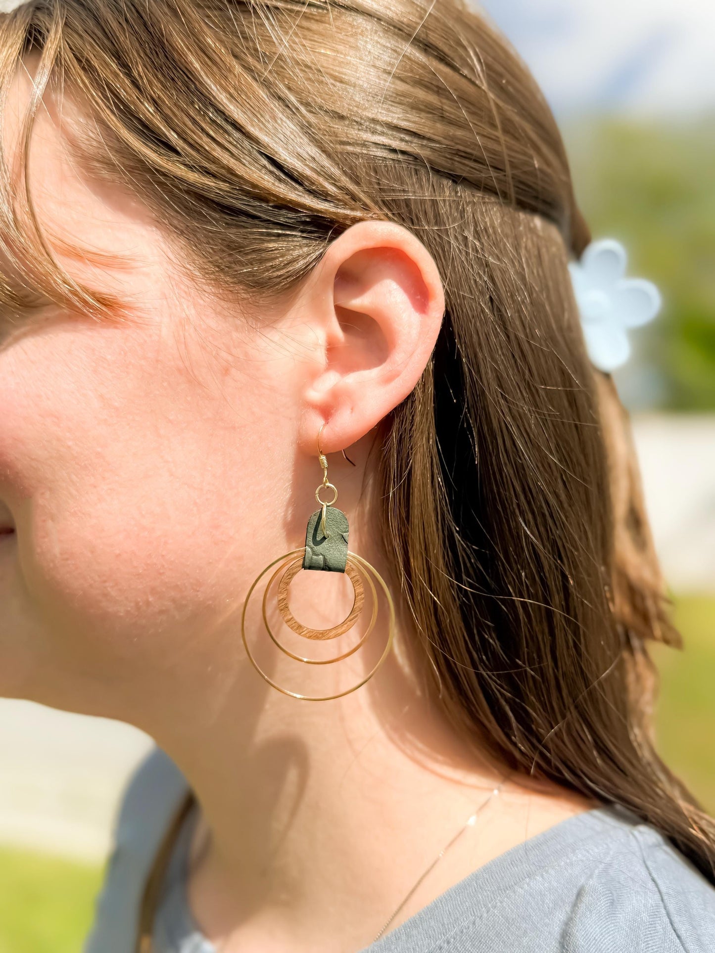 Green Leather, Wood & Metal Triple Hoop Earrings | Handmade Boho Jewelry