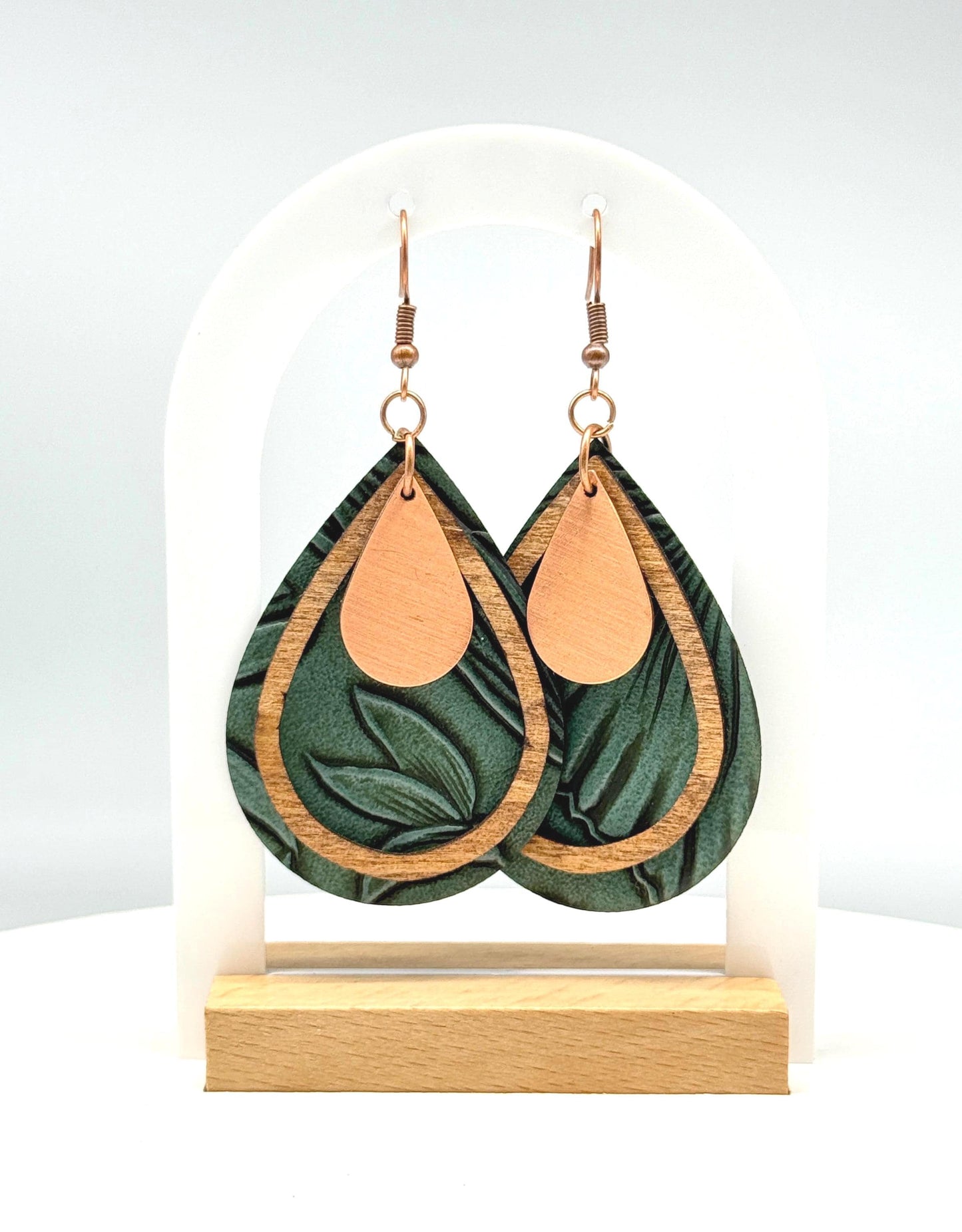 Green Leather Teardrop Earrings with Wood & Metal Accents | Handmade Boho Jewelry