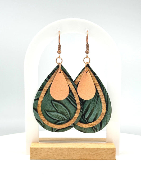 Green Leather Teardrop Earrings with Wood & Metal Accents | Handmade Boho Jewelry
